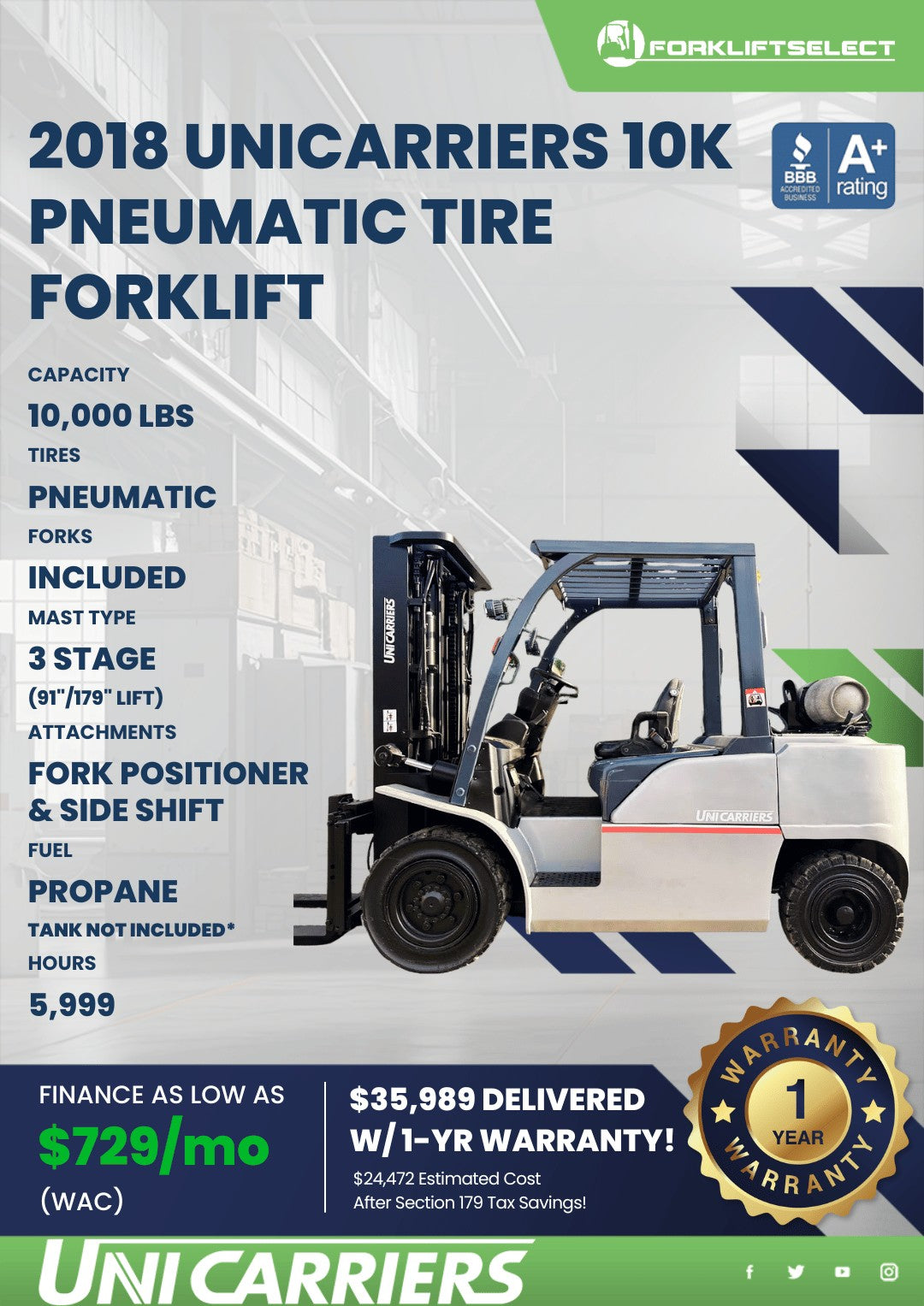 2018 UniCarriers 10K Pneumatic Tire...