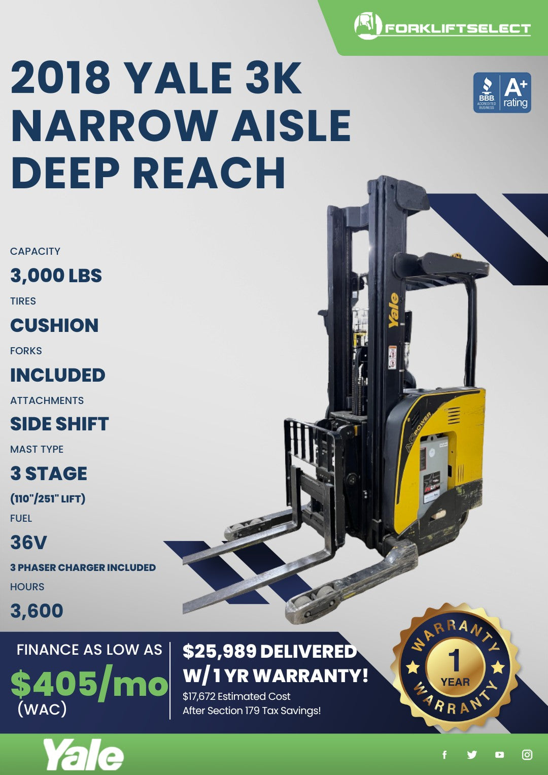 2018 Yale 3K Narrow Aisle Deep Reac...