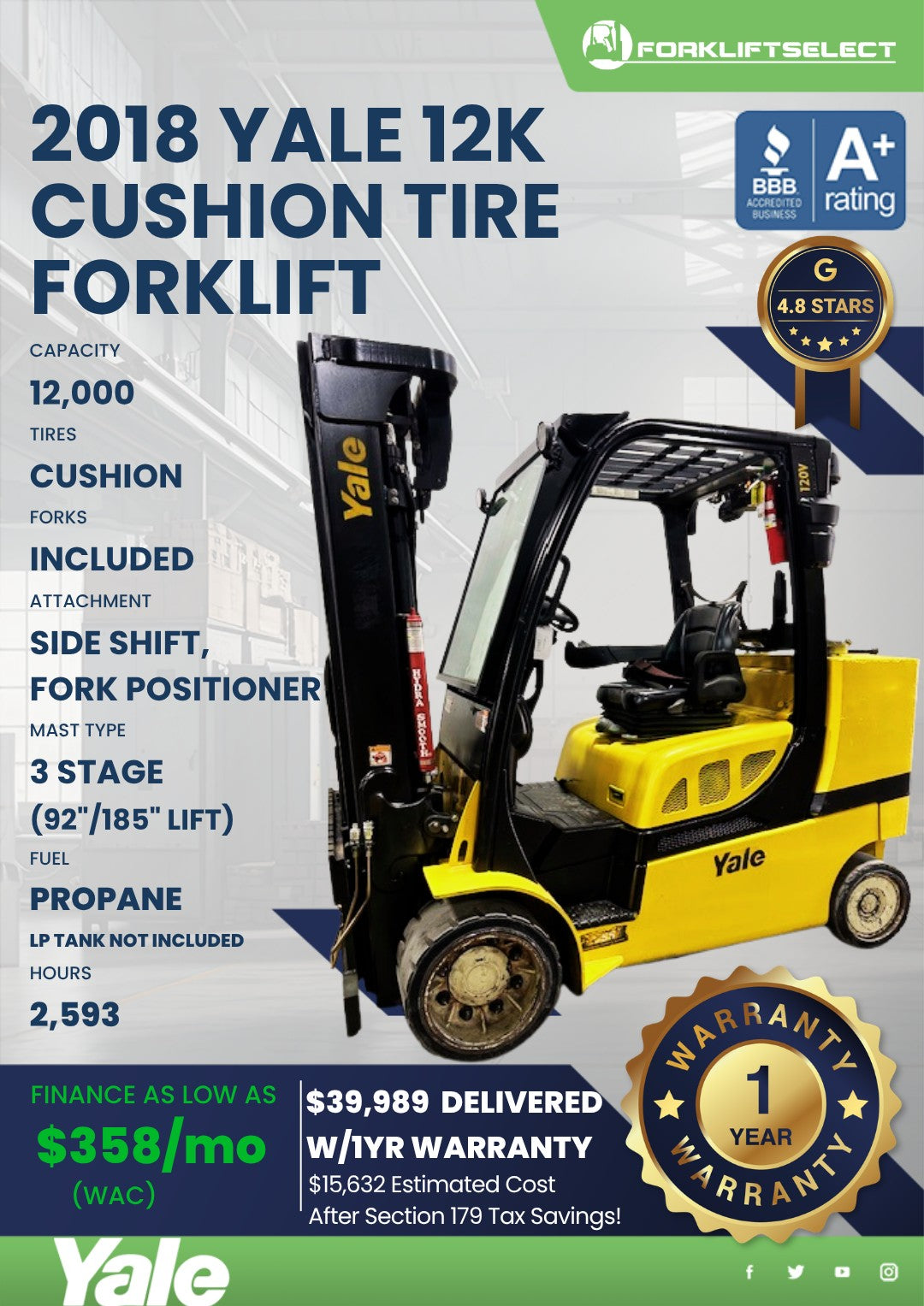 2018.0 Yale 12K Cushion Tire Forkli...