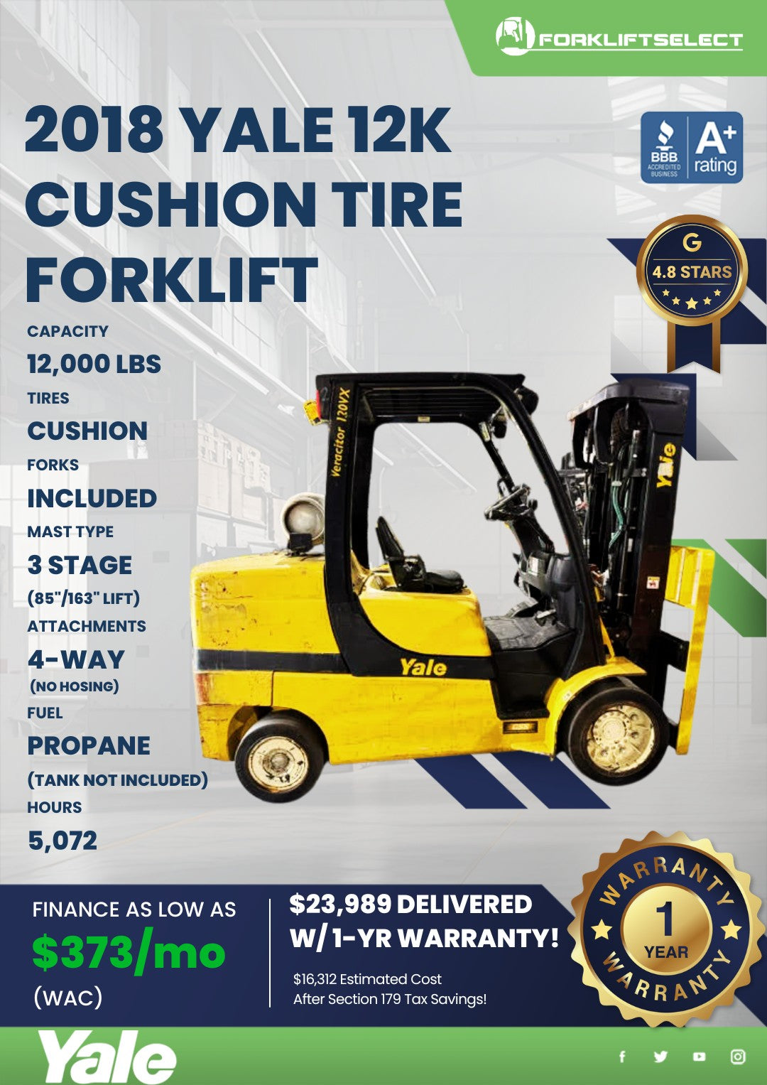 2018 Yale 12K Cushion Tire Forklift...