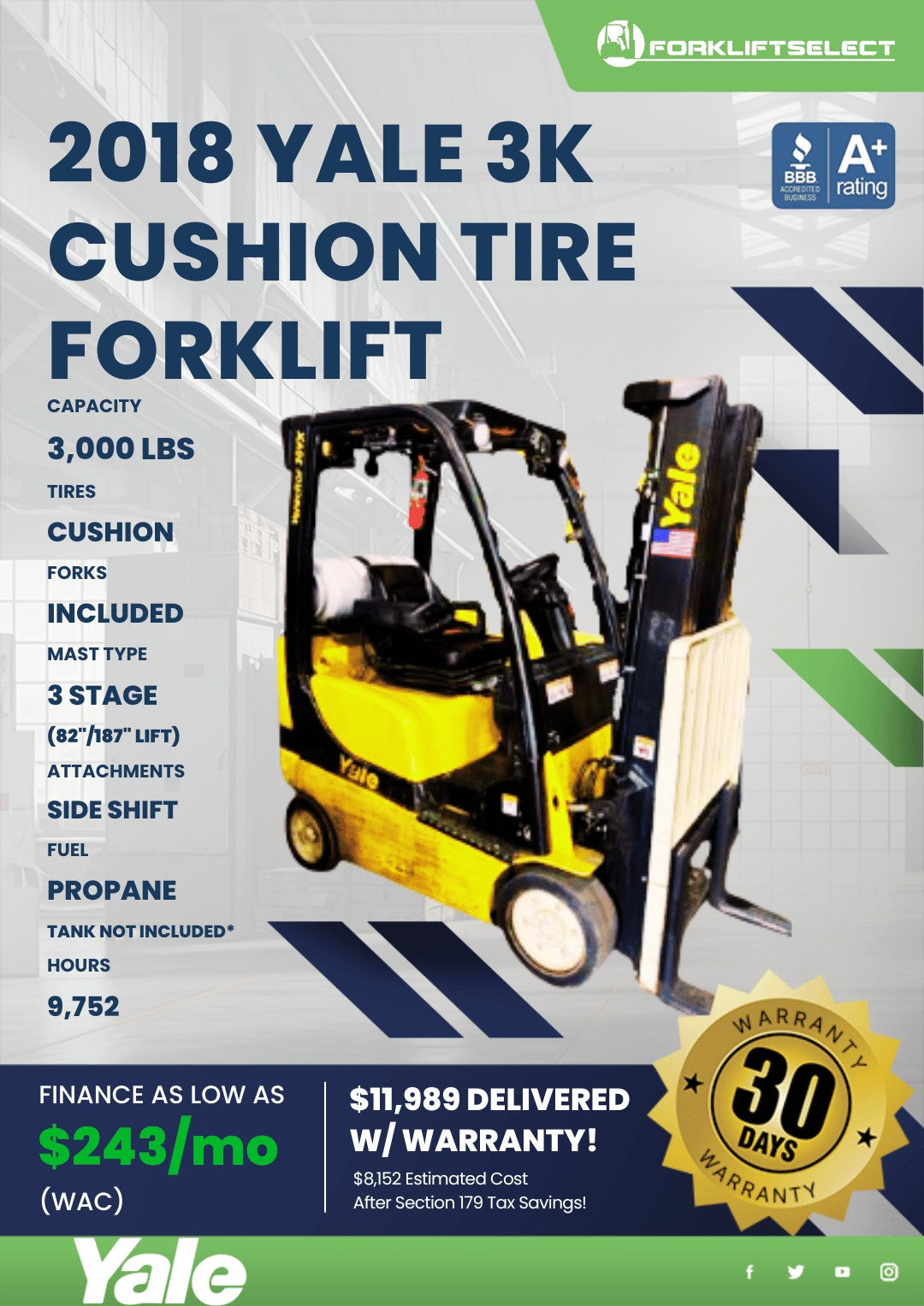 2018 Yale 3K Cushion Tire Forklift