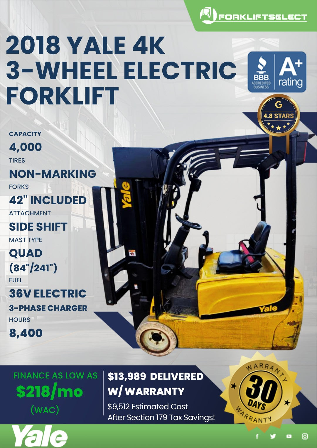 2018 Yale 4K 3-Wheel Electric Forkl...