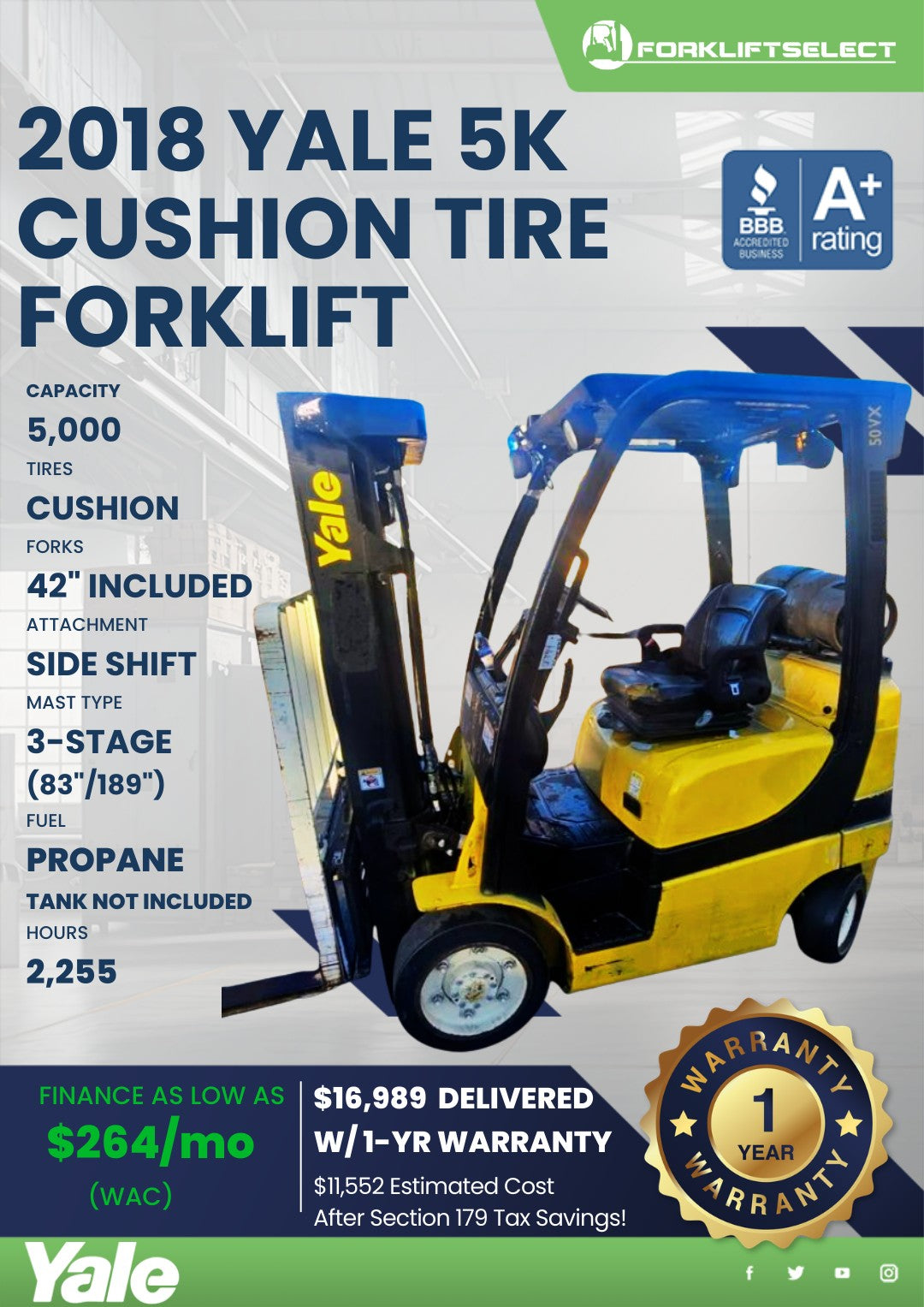 2018.0 Yale 5K Cushion Tire Forklif...