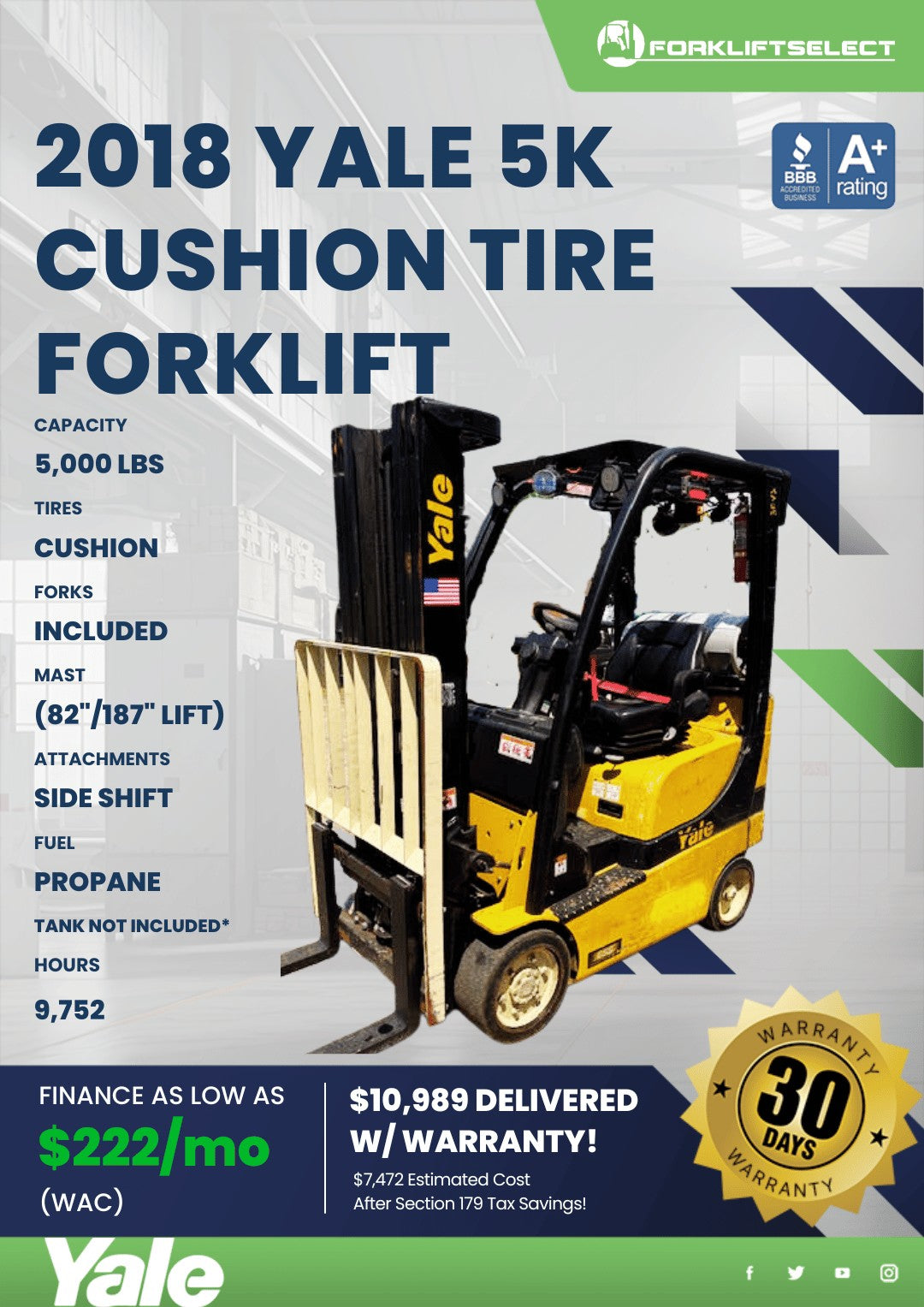 2018 Yale 5K Cushion Tire Forklift