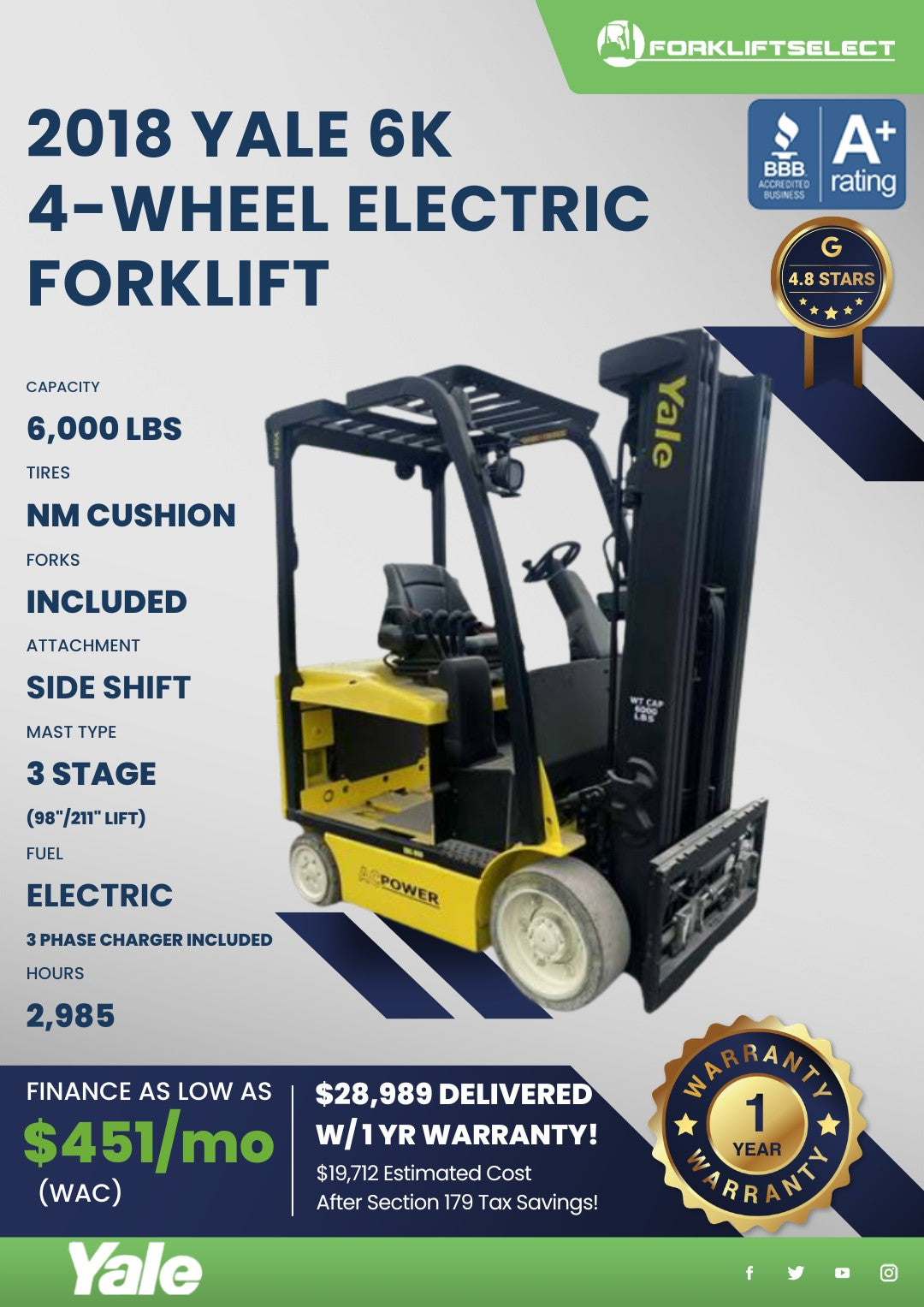 2018 Yale 6K Cushion Tire Forklift