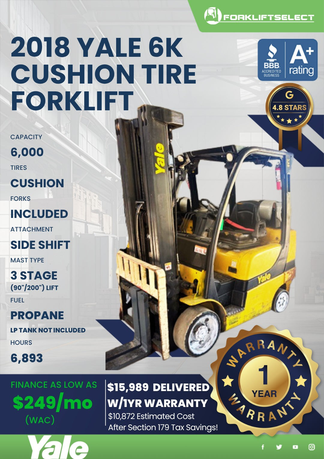 2018 Yale 6K Cushion Tire Forklift