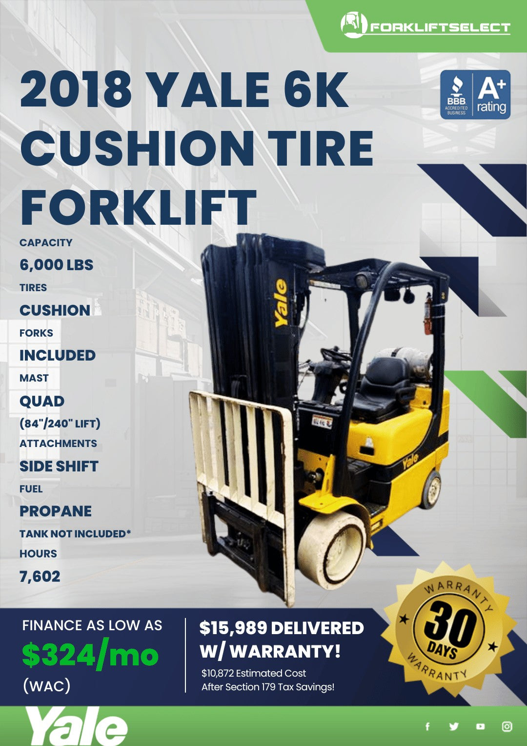 2018 Yale 6K Cushion Tire Forklift