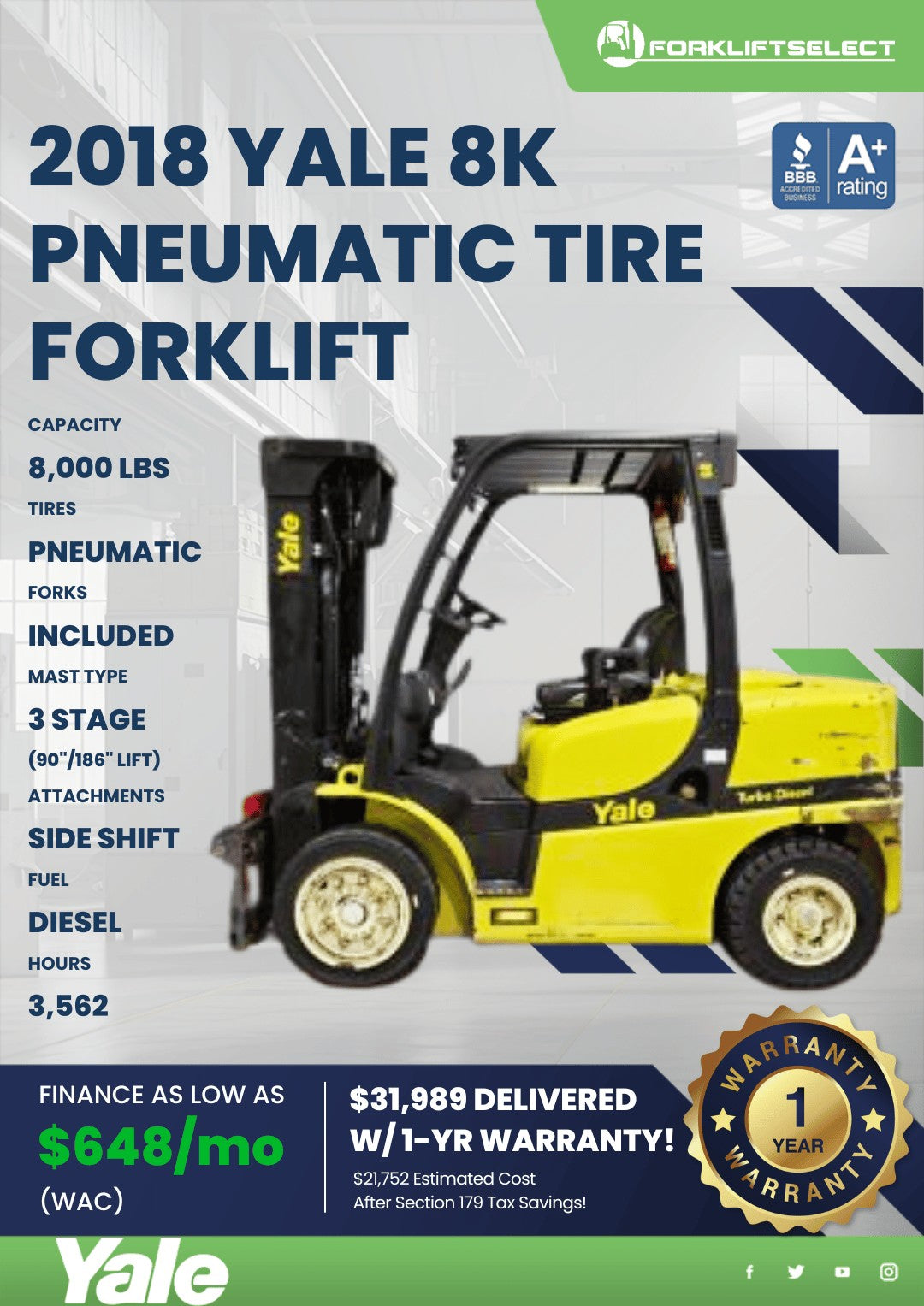2018 Yale 8K Pneumatic Tire Forklif...