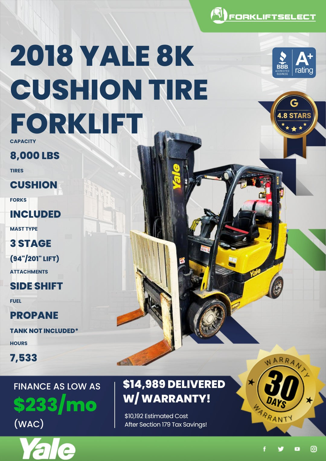 2018 Yale 8K Cushion Tire Forklift