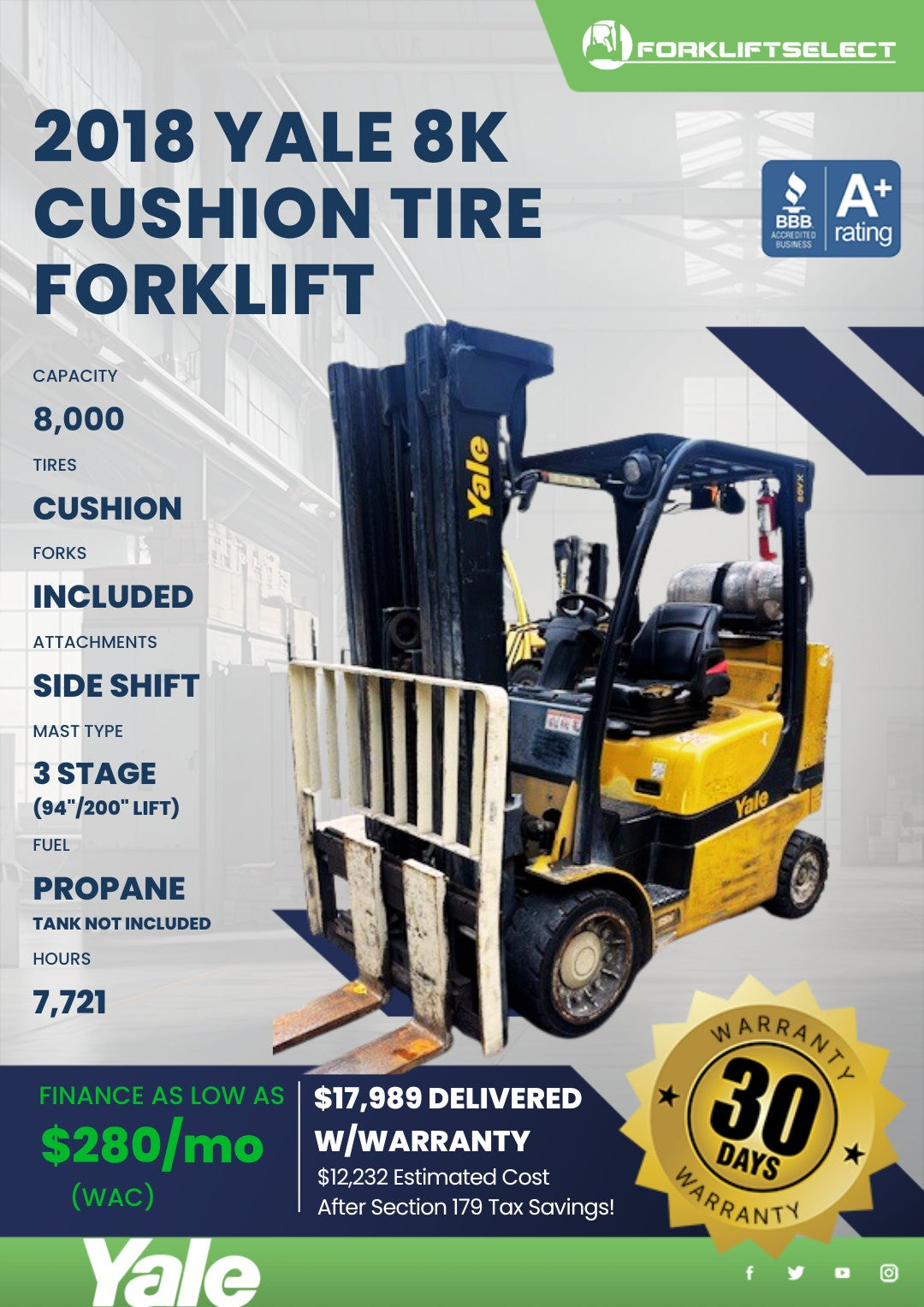 2018 Yale 8K Cushion Tire Forklift
