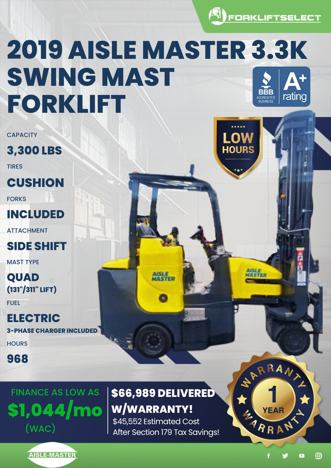 2019 Aisle Master 3.3K Cushion Tire...