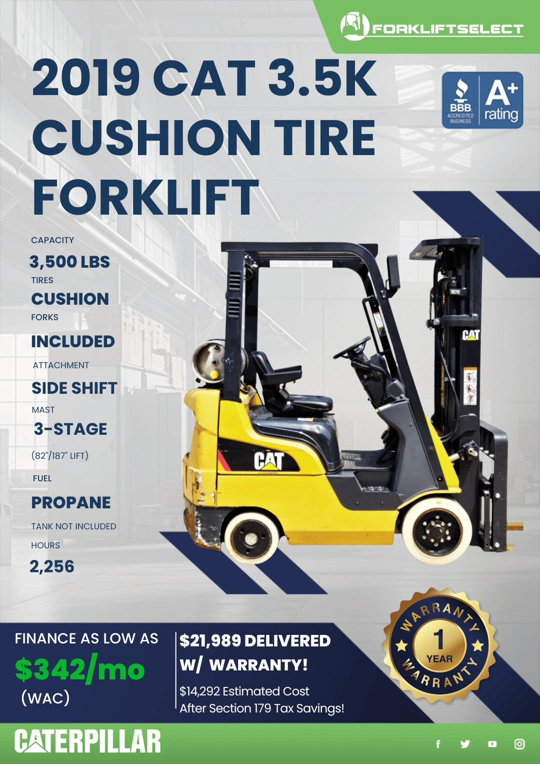 2019 CAT 3.5K Cushion Tire Forklift...