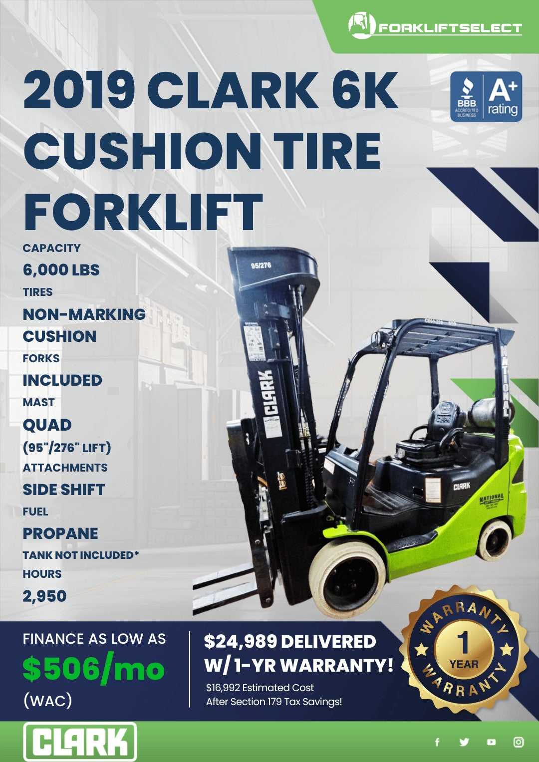 2019 Clark 6K Cushion Tire Forklift...