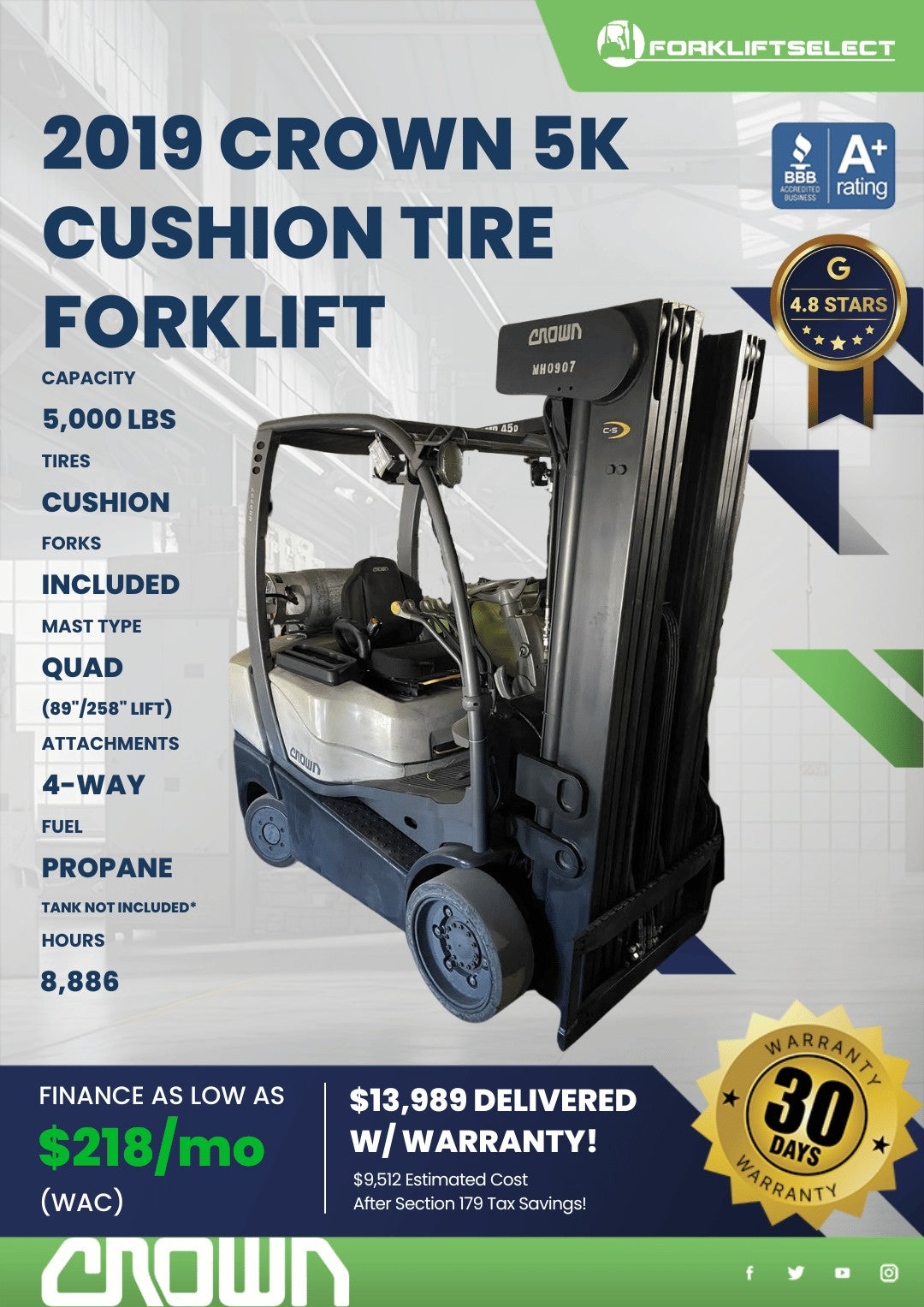 2019 Crown 5K Cushion Tire Forklift...