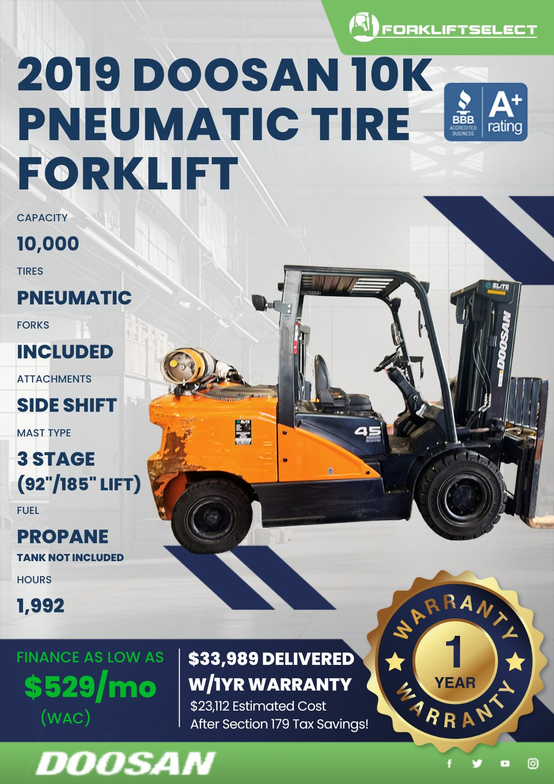 2019.0 Doosan 10K Pneumatic Tire Fo...