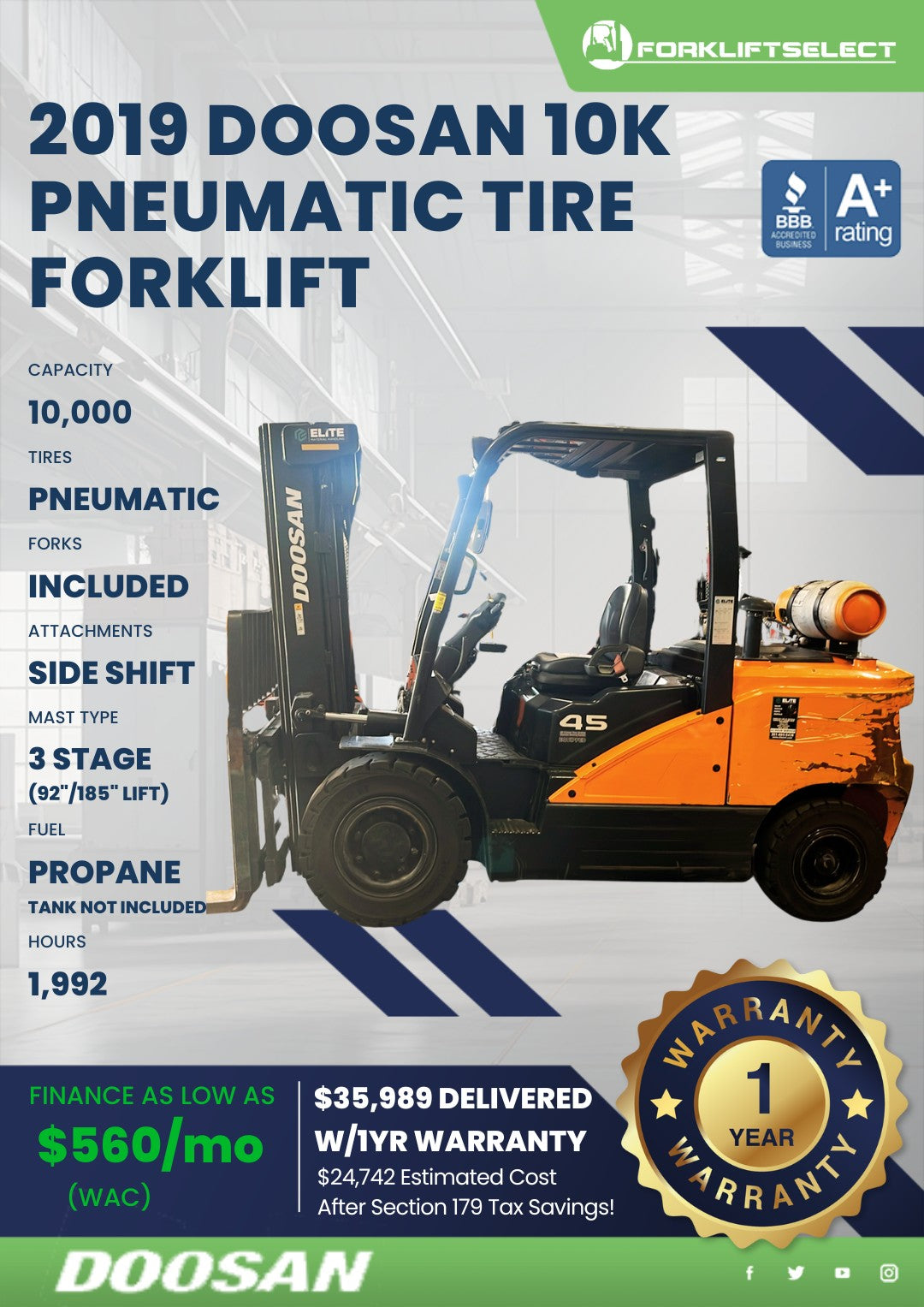 2019.0 Doosan 10K Pneumatic Tire Fo...
