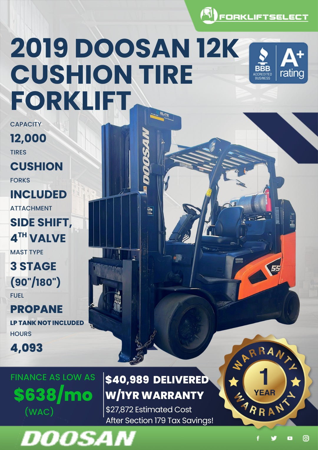 2019.0 Doosan 12K Cushion Tire Fork...
