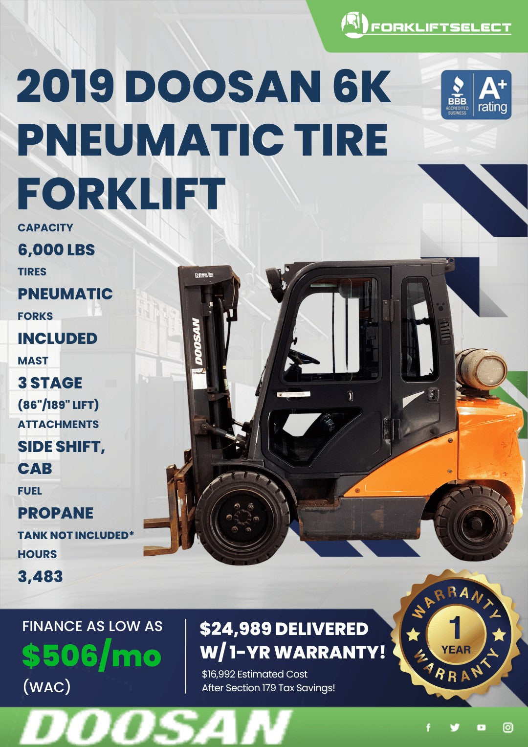 2019 Doosan 6K Pneumatic Tire Forkl...