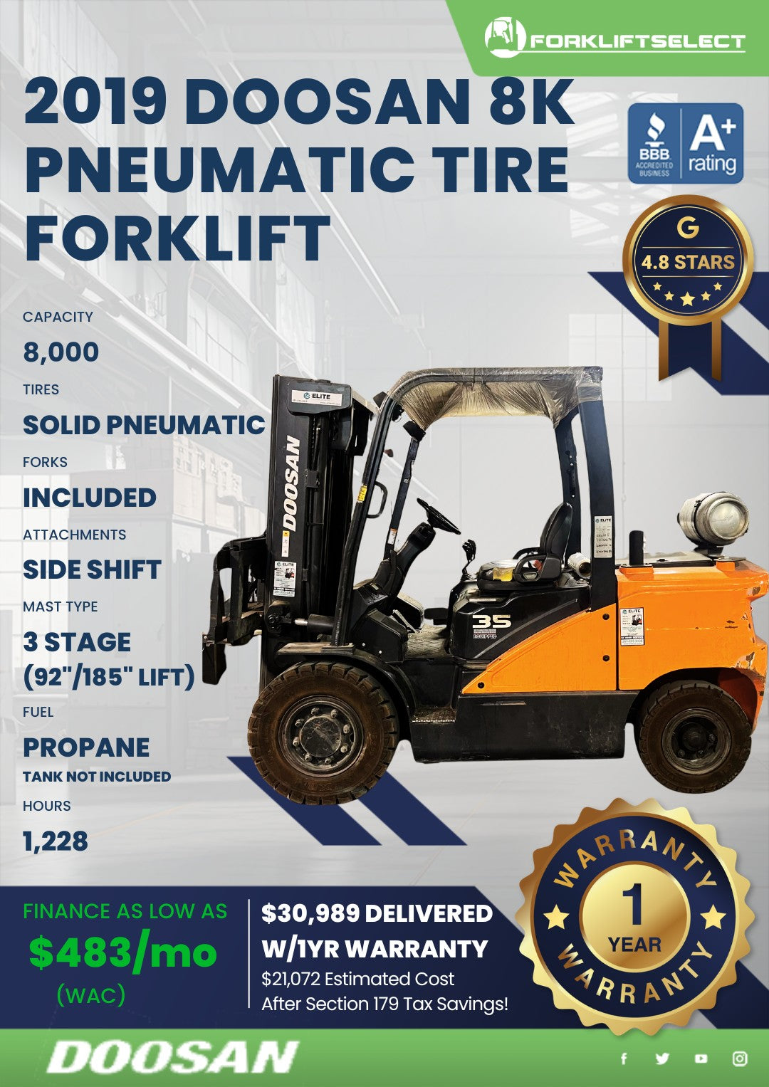 2019 Doosan 8K Pneumatic Tire Forkl...