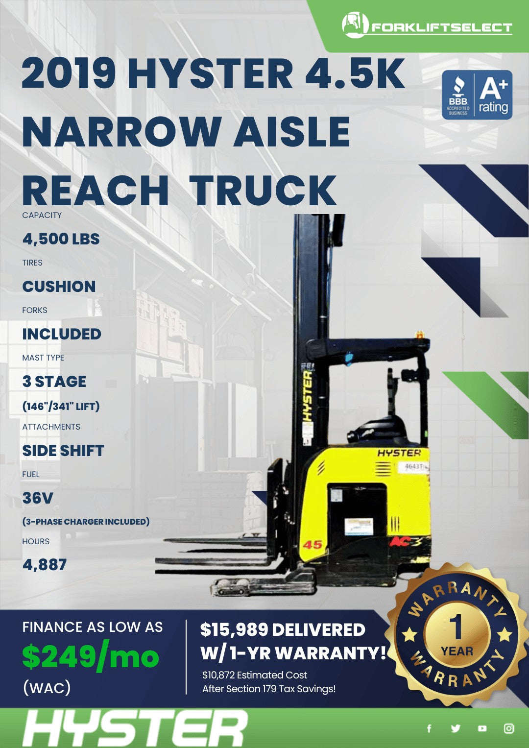 2019.0 Hyster 4.5K Cushion Tire Rea...