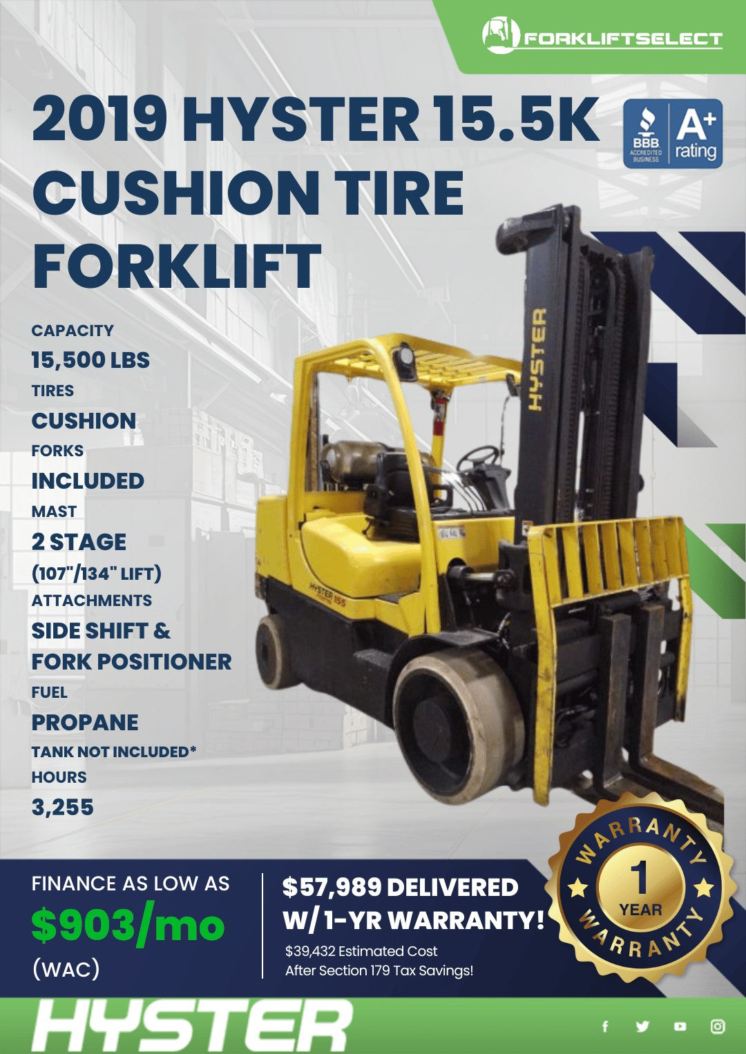 2019.0 Hyster 15.5K Cushion Tire Fo...