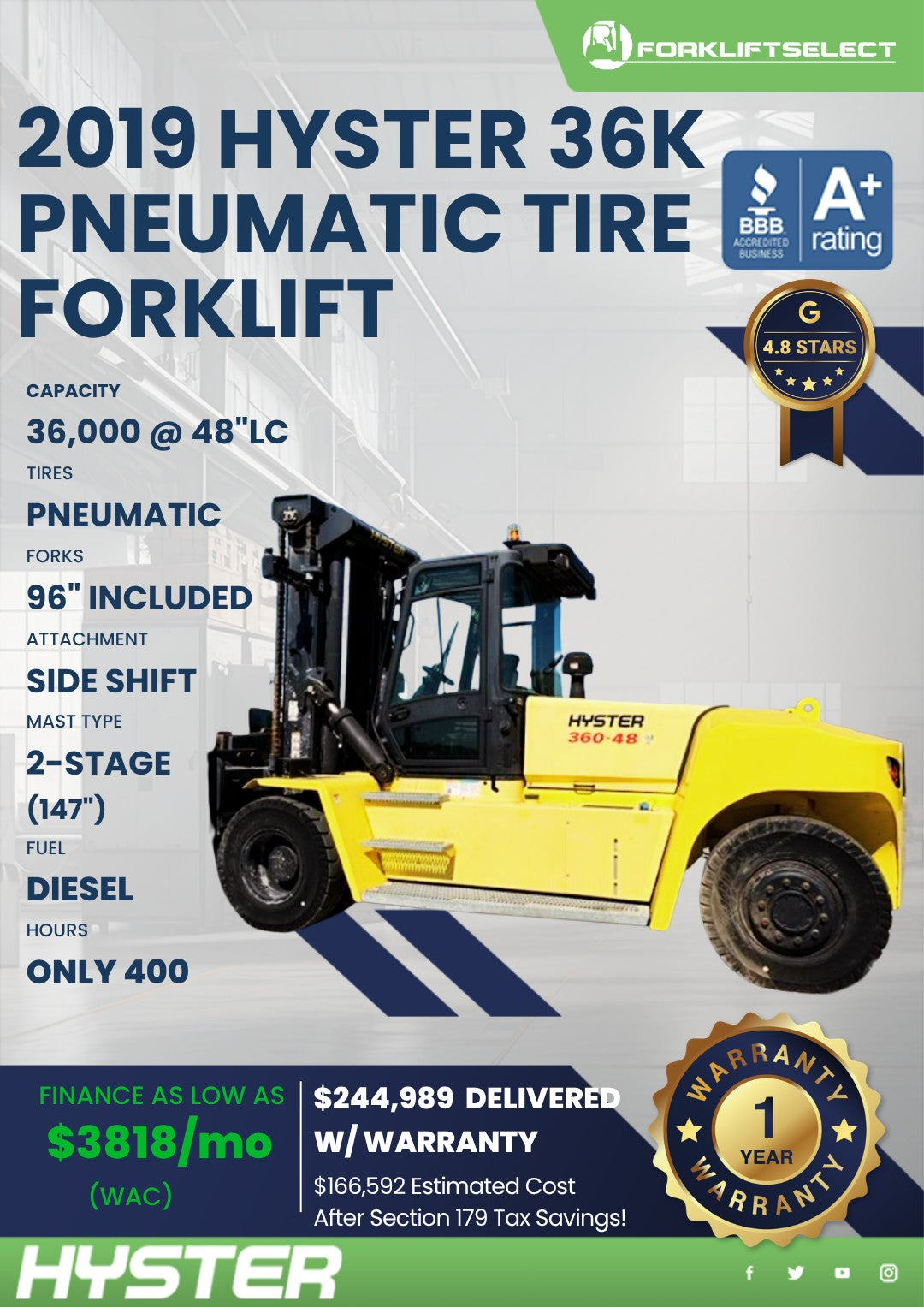 2019 Hyster 36K Pneumatic Tire Forklift