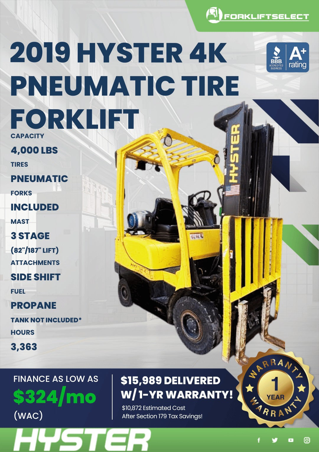 2019 Hyster 4K Pneumatic Tire Forkl...