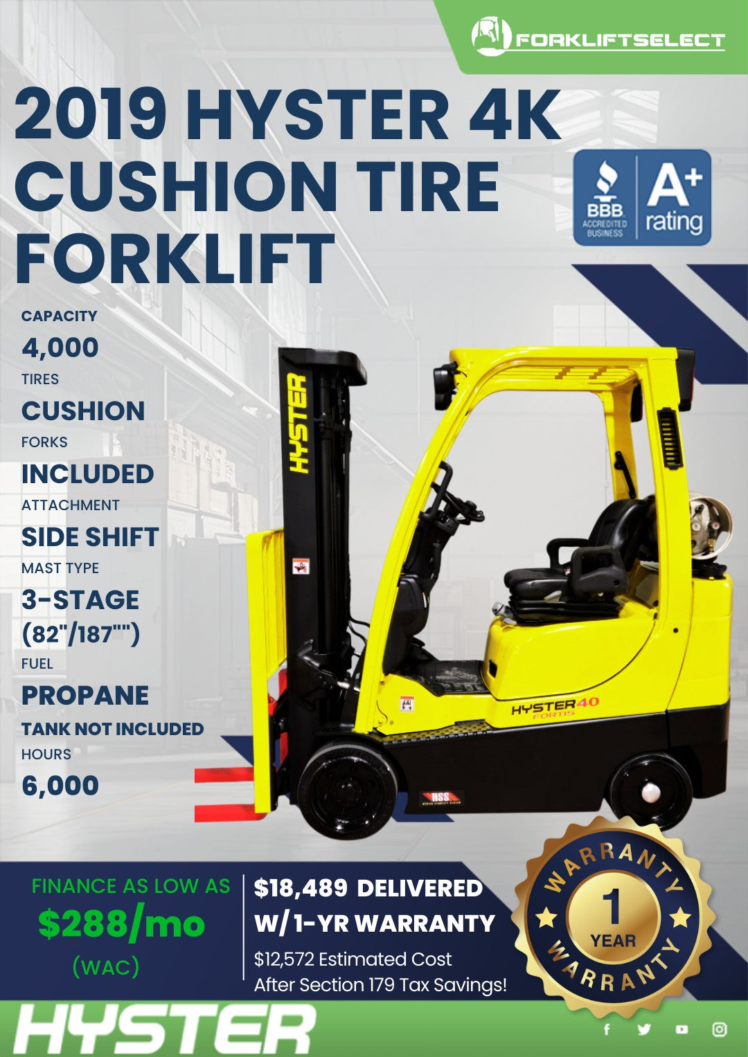 2019.0 Hyster 4K Cushion Tire Forkl...