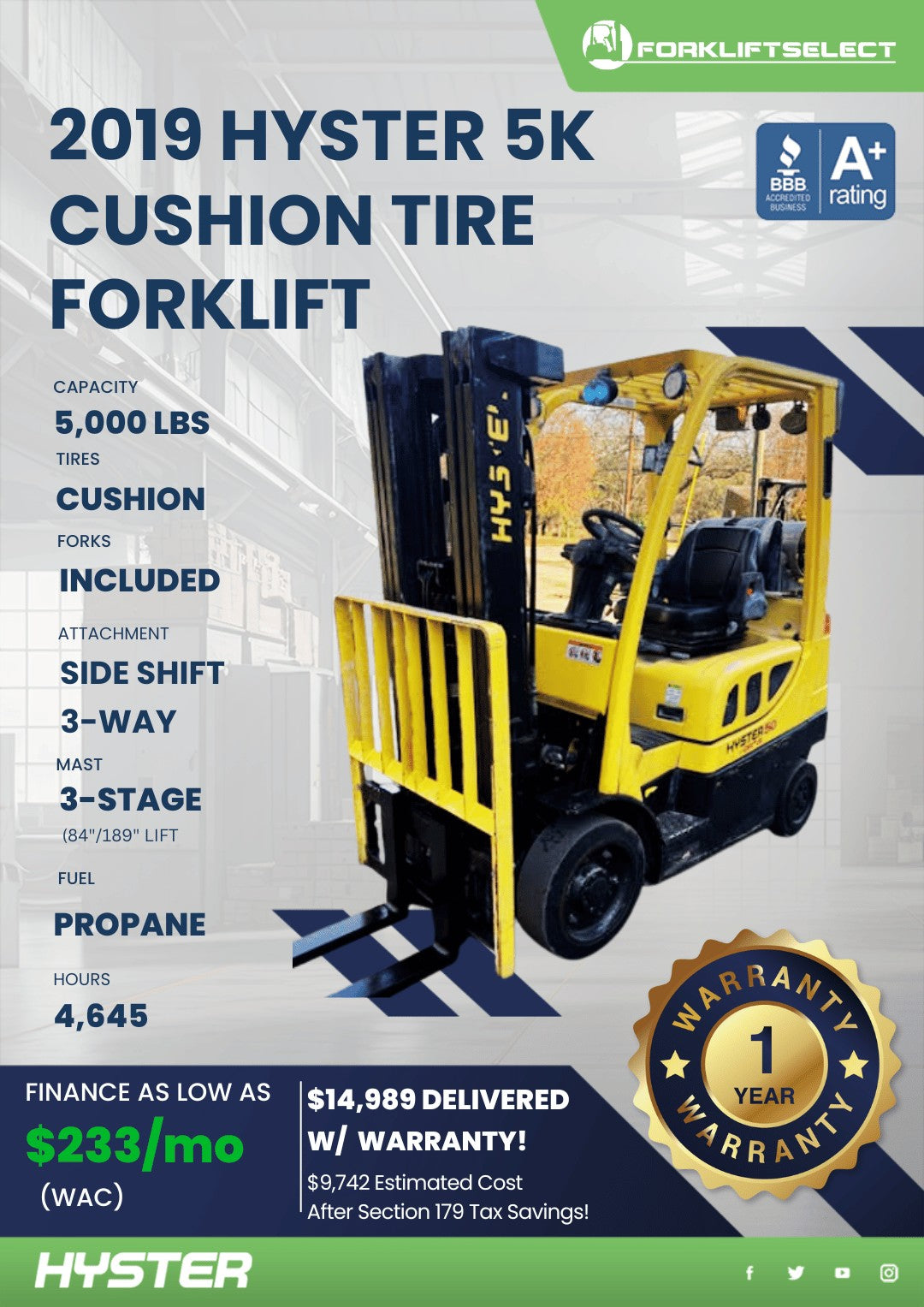 2019 Hyster 5K Cushion Tire Forklif...