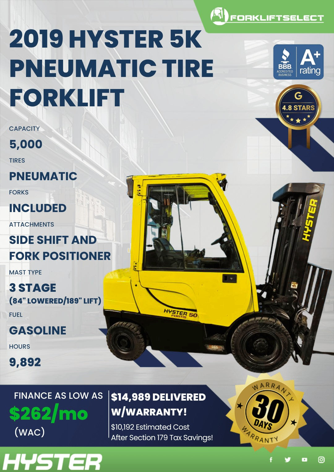 2019 Hyster 5K Pneumatic Tire Forkl...