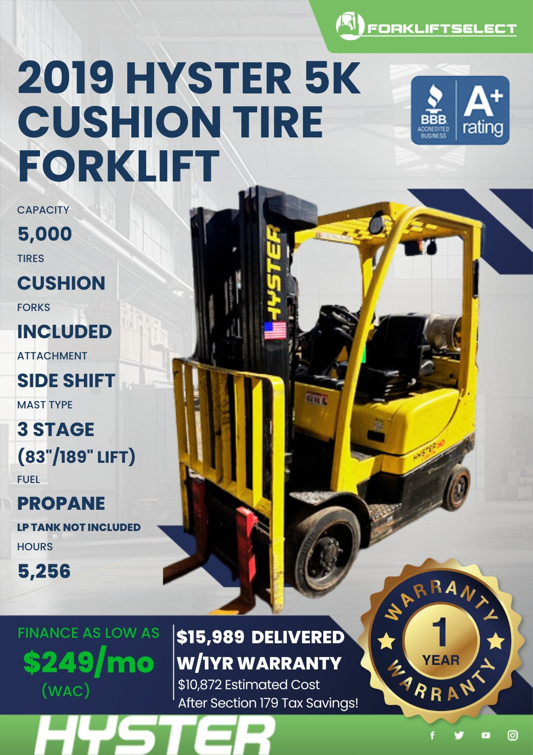 2019.0 Hyster 5K Cushion Tire Forkl...