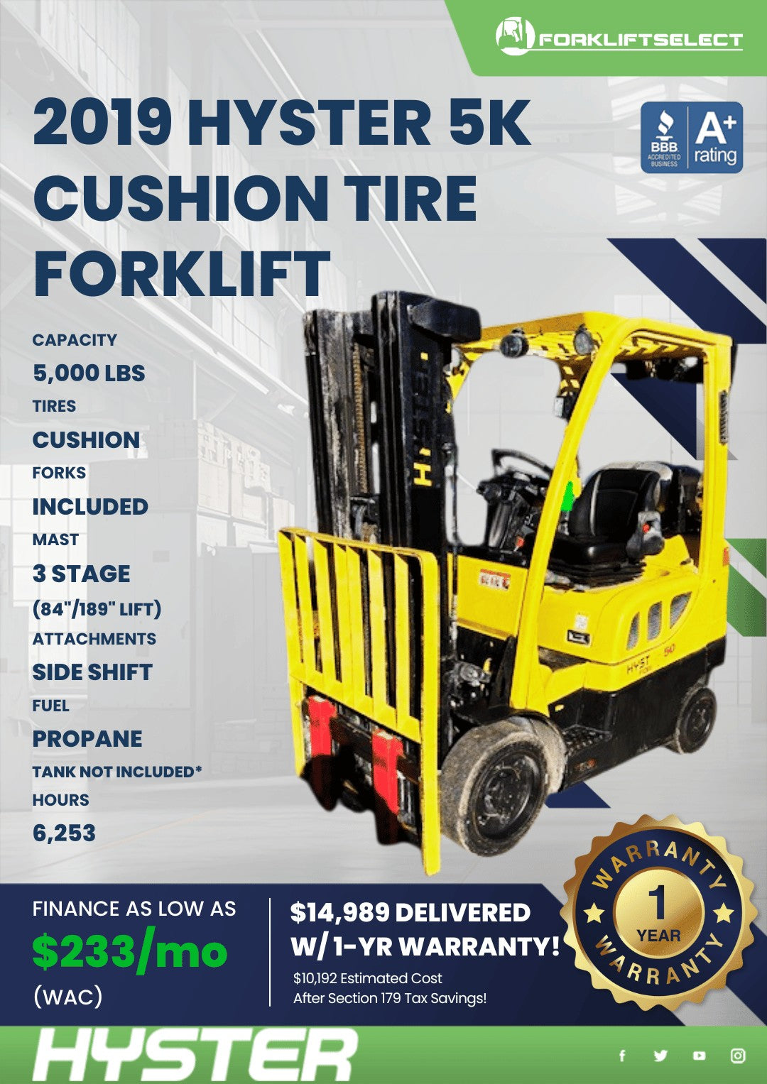 2019.0 Hyster 5K Cushion Tire Forkl...