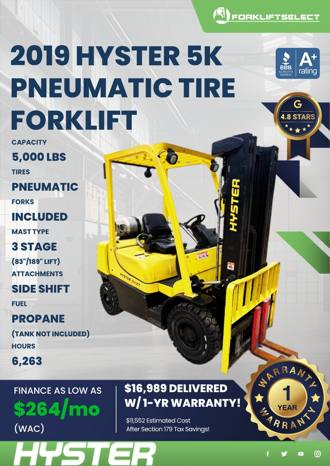 2019 Hyster 5K Pneumatic Tire Forkl...