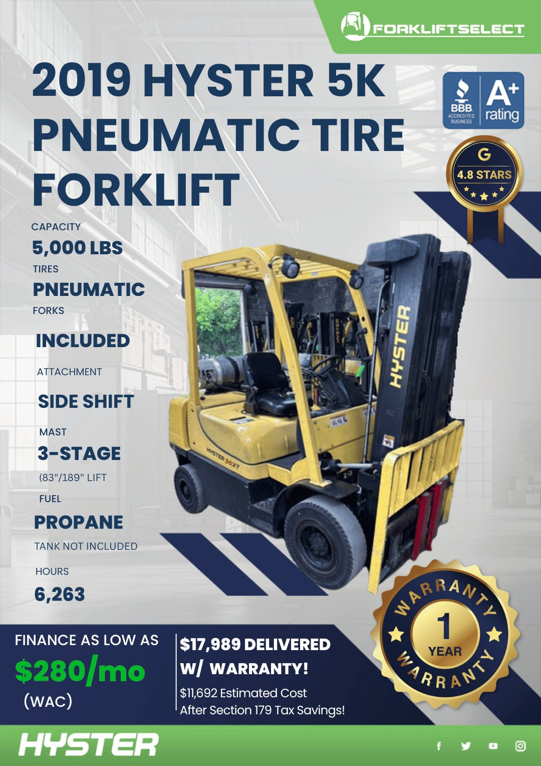 2019 Hyster 5K Pneumatic Tire Forkl...