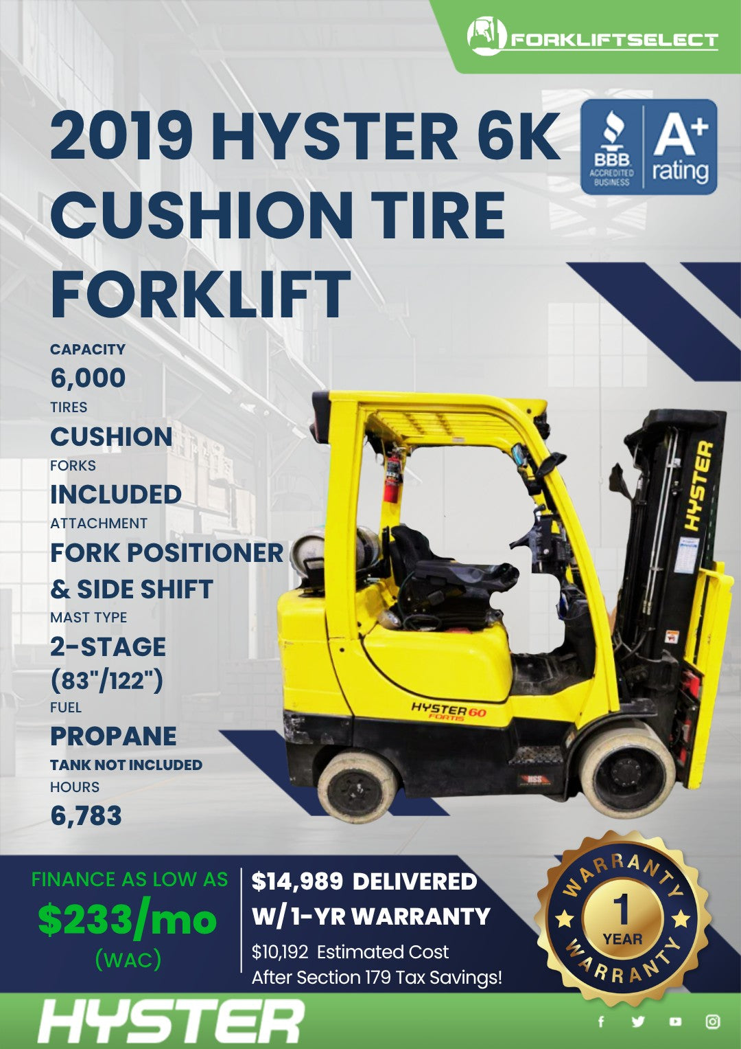 2019 Hyster 6K Cushion Tire Forklif...
