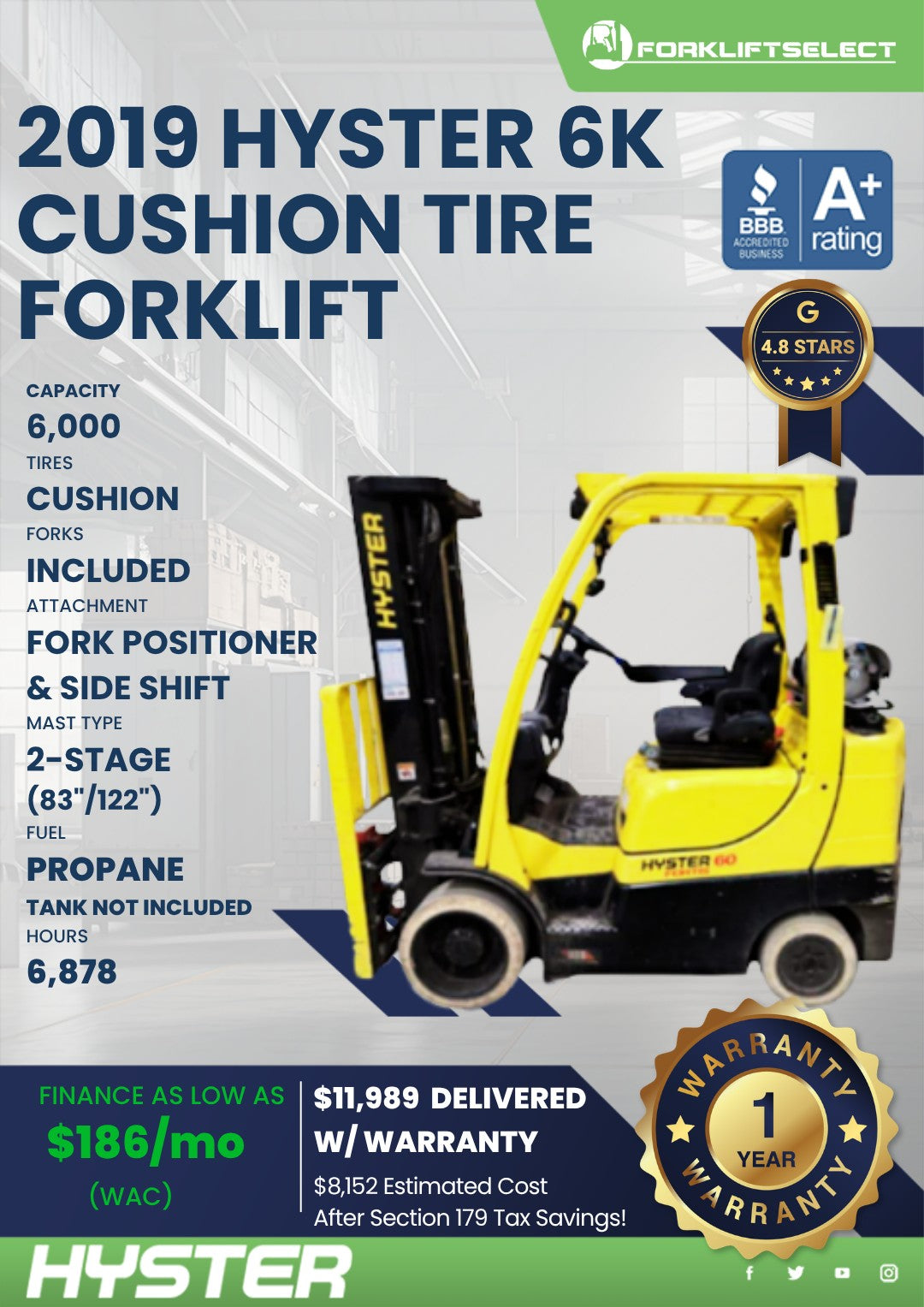 2019.0 Hyster 6K Cushion Tire Forkl...