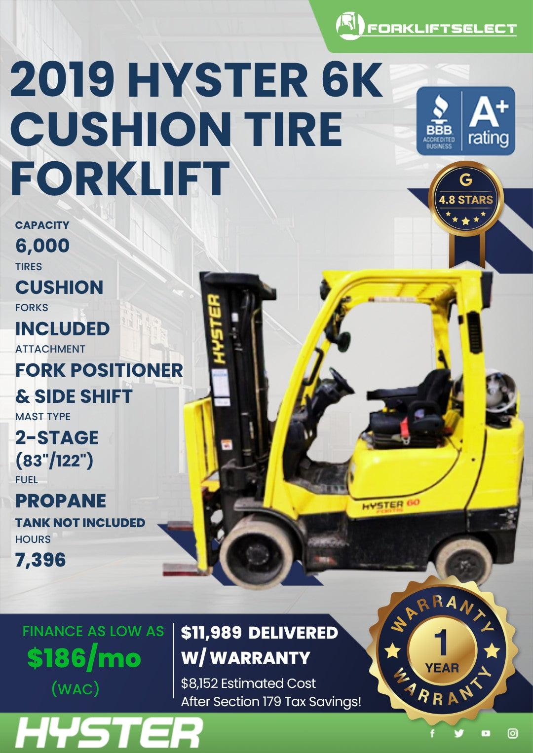2019.0 Hyster 6K Cushion Tire Forkl...