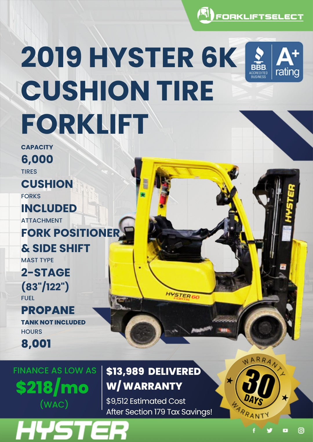 2019 Hyster 6K Cushion Tire Forklif...