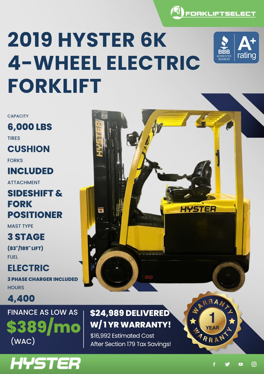 2019 Hyster 6K Cushion Tire 4-Wheel...