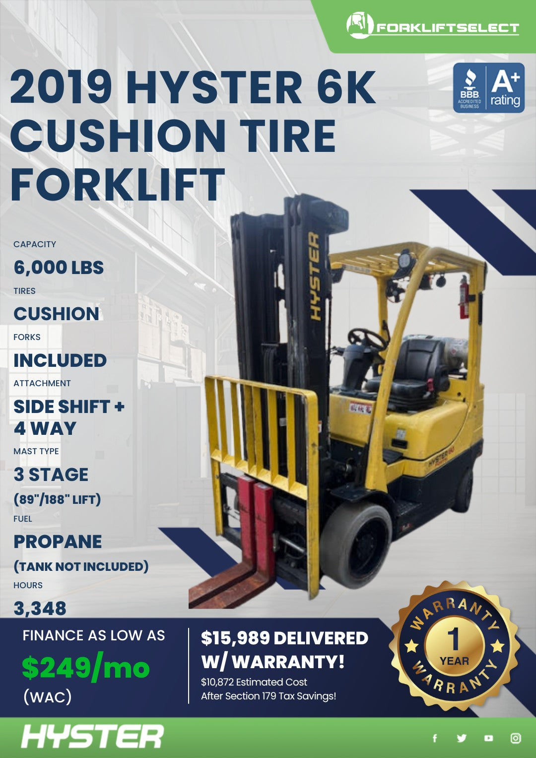 2019 Hyster 6K Cushion Tire Forklif...