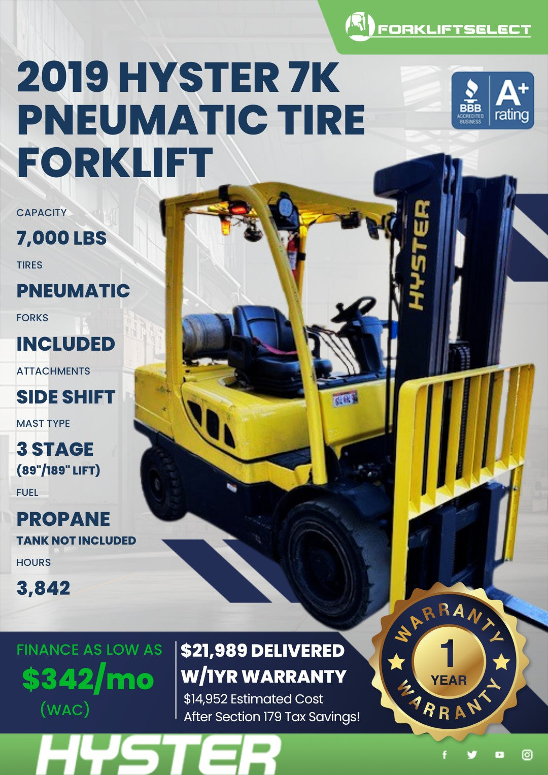 2019 Hyster 7K Pneumatic Tire Forkl...