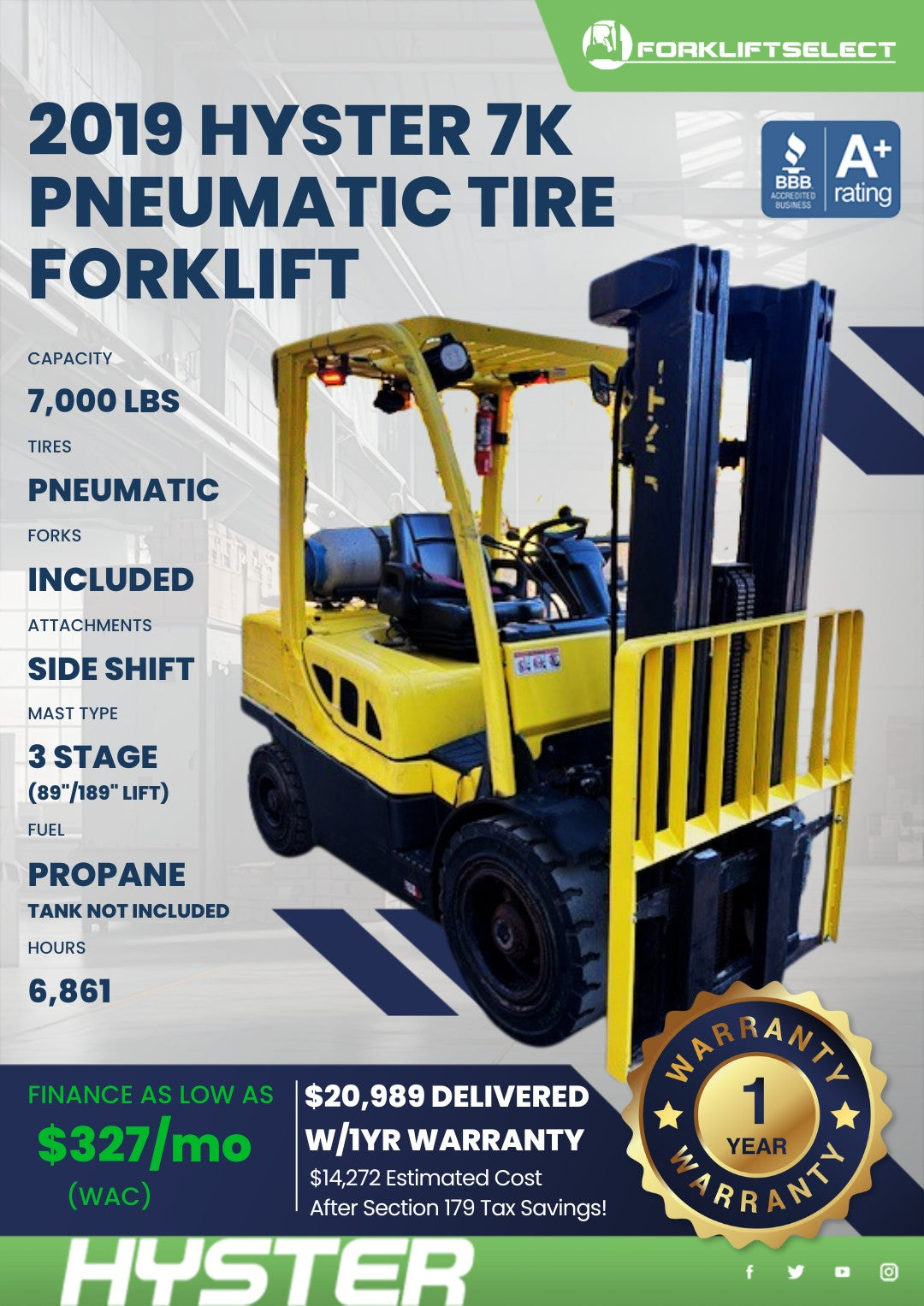 2019 Hyster 7K Pneumatic Tire Forkl...
