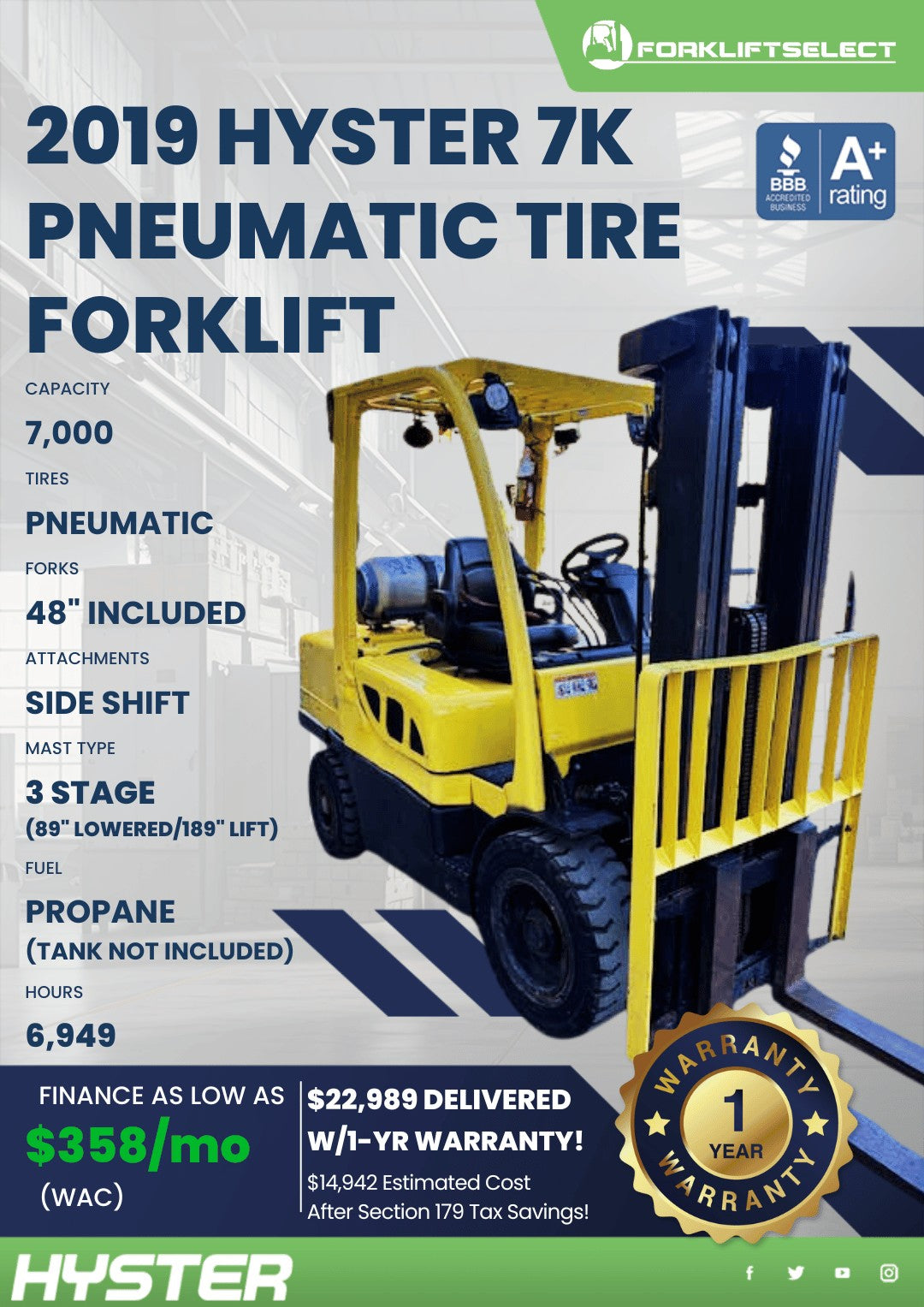 2019 Hyster 7K Pneumatic Tire Forkl...