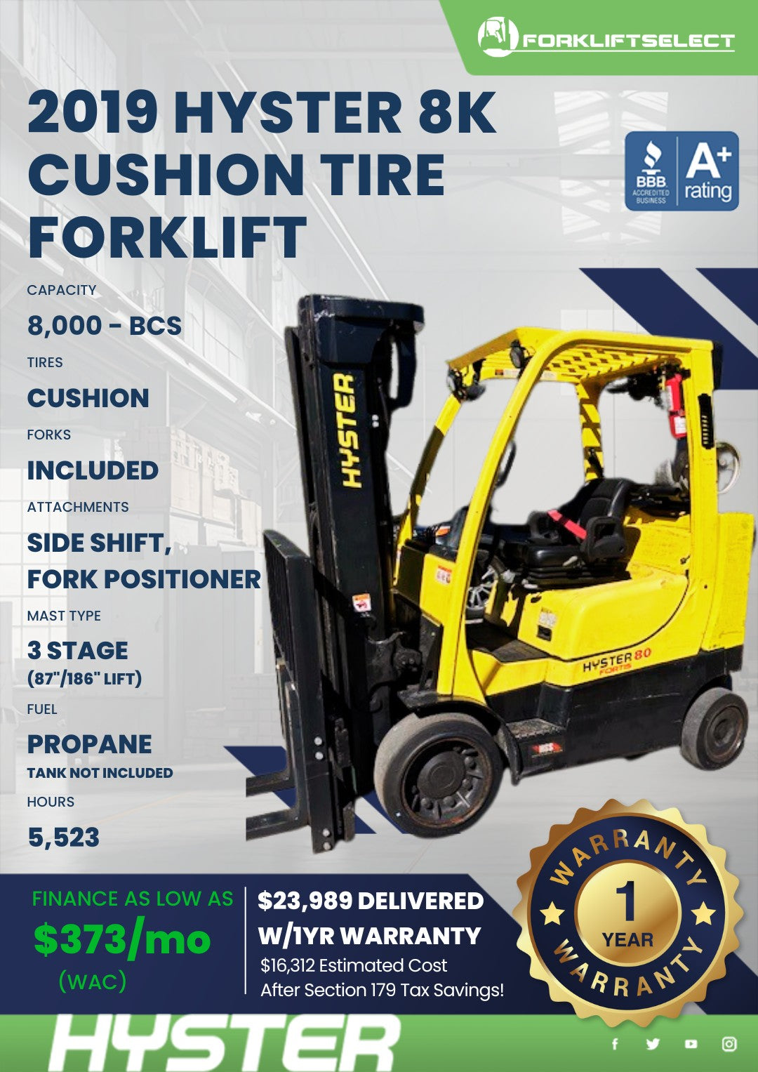 2019 Hyster 8K Cushion Tire Forklif...