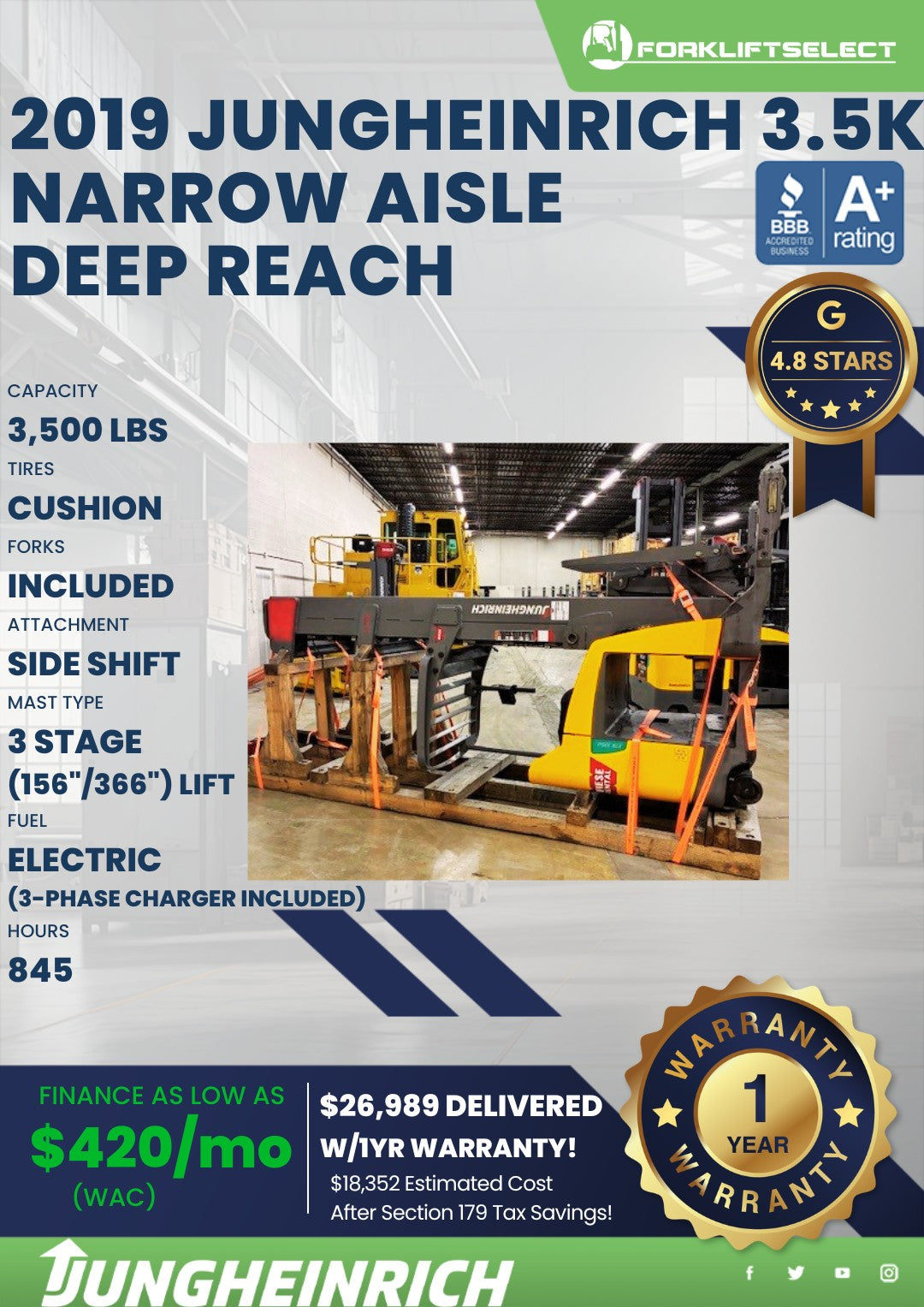 2019 Jungheinrich 3.5K Cushion Tire Narrow Aisle Deep Reach Forklift