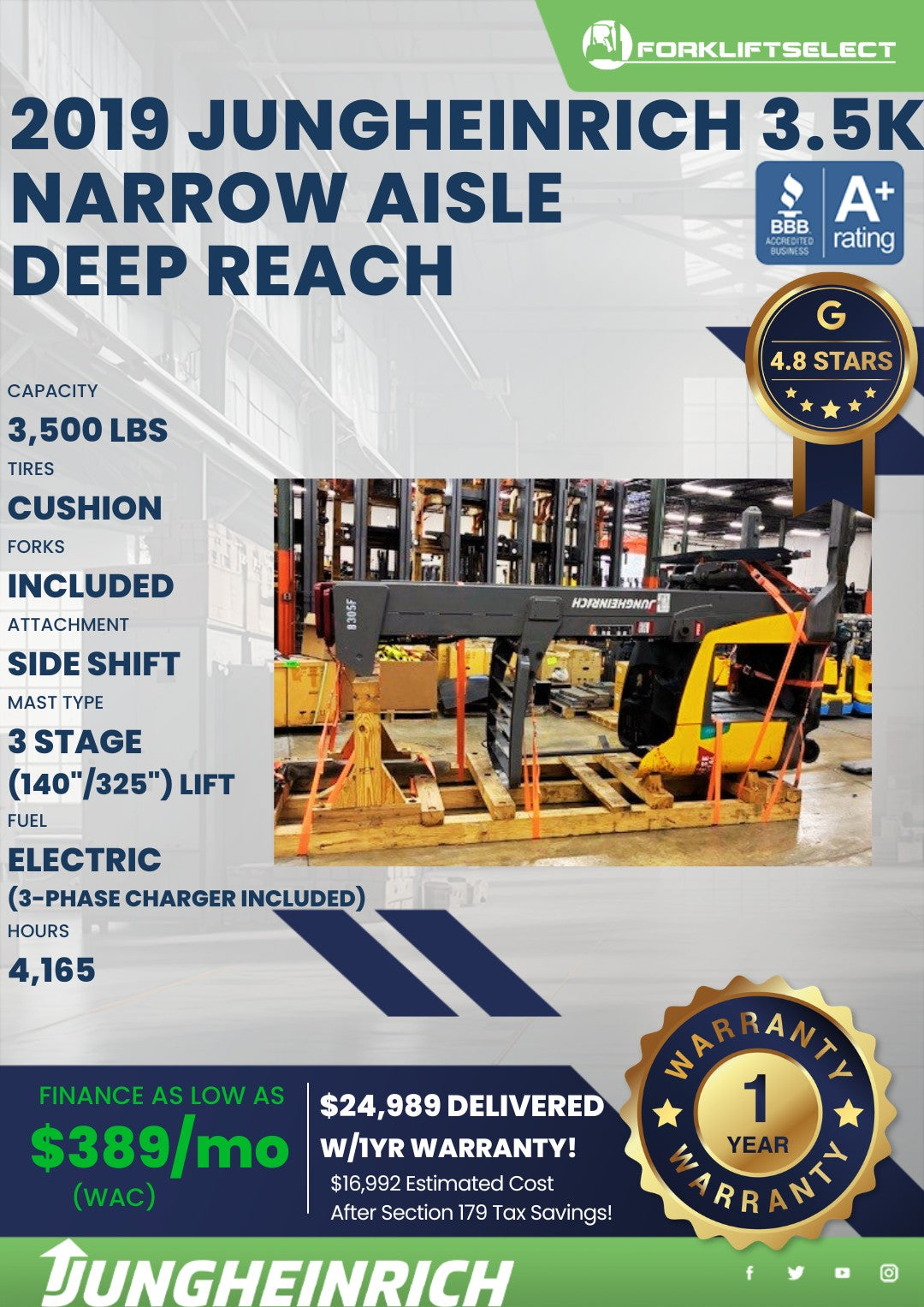 2019 Jungheinrich 3.5K Cushion Tire Narrow Aisle Deep Reach Forklift
