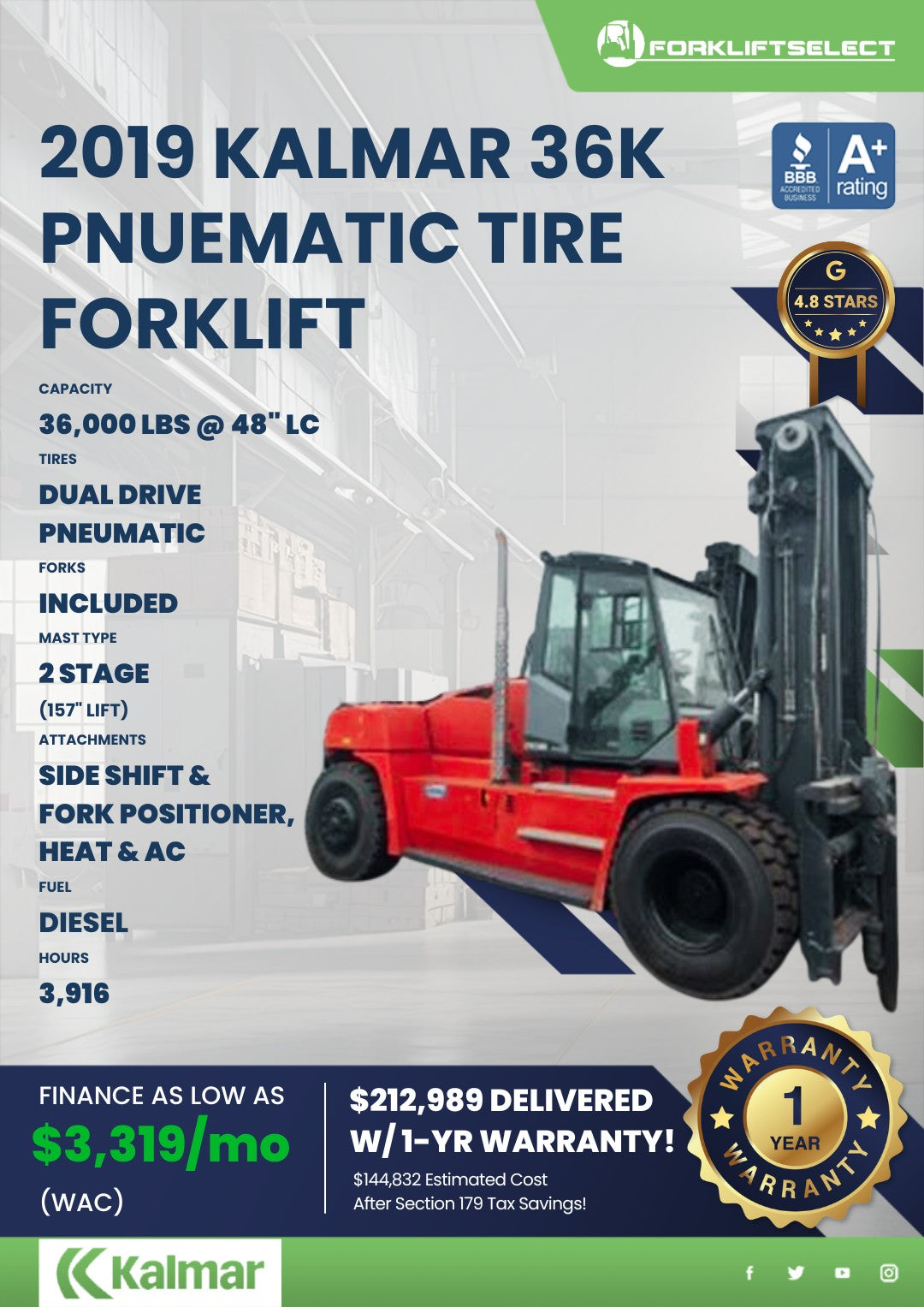 2019 Kalmar 36K Pneumatic Tire Fork...