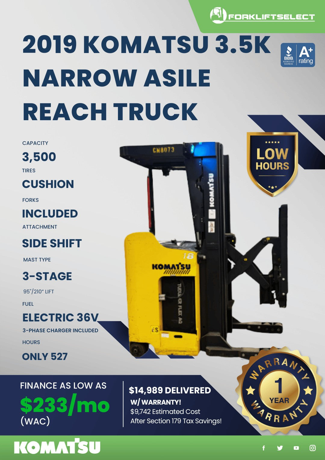 2019 Komatsu 3.5K Narrow Aisle Reac...