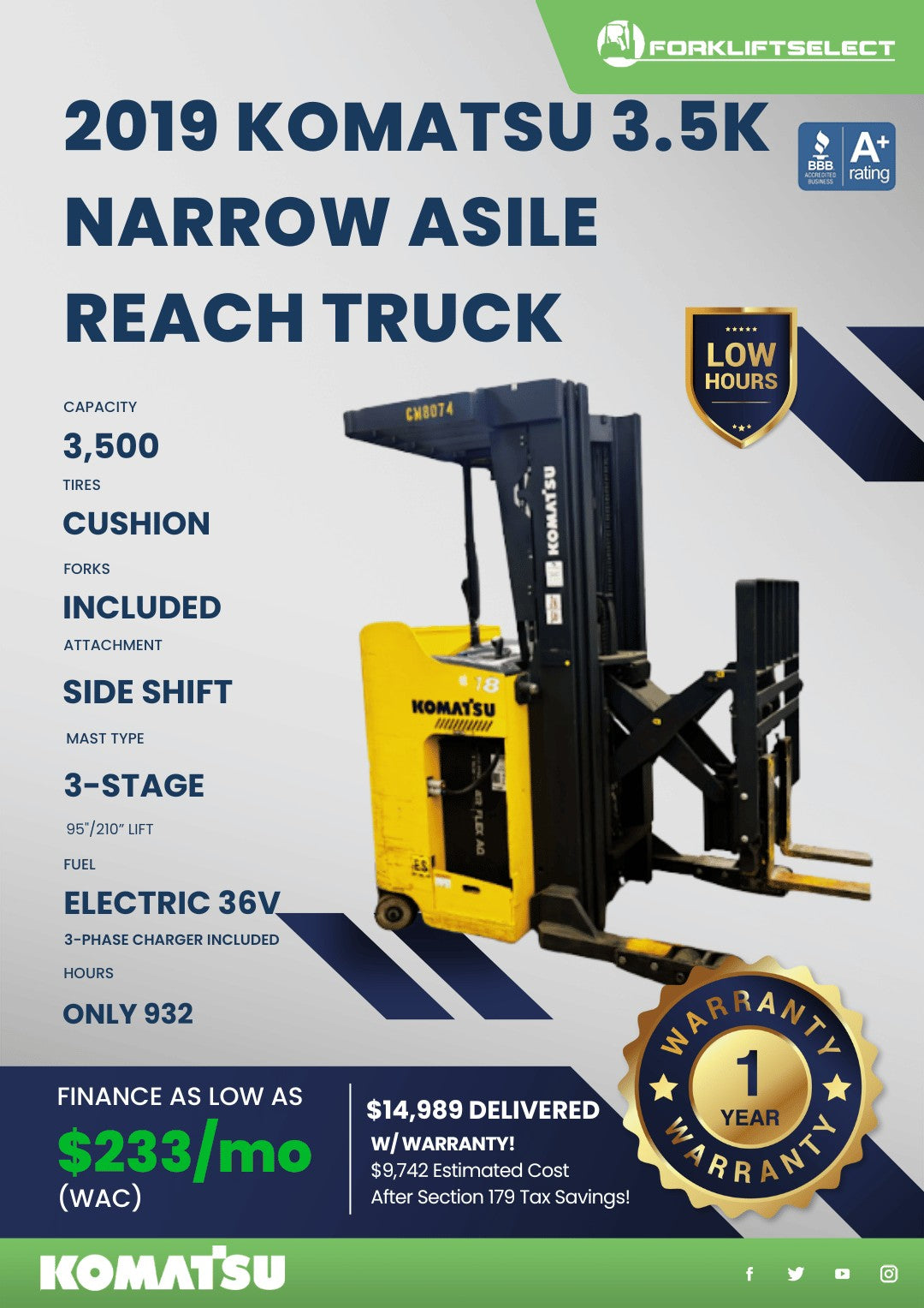 2019 Komatsu 3.5K Narrow Aisle Reac...