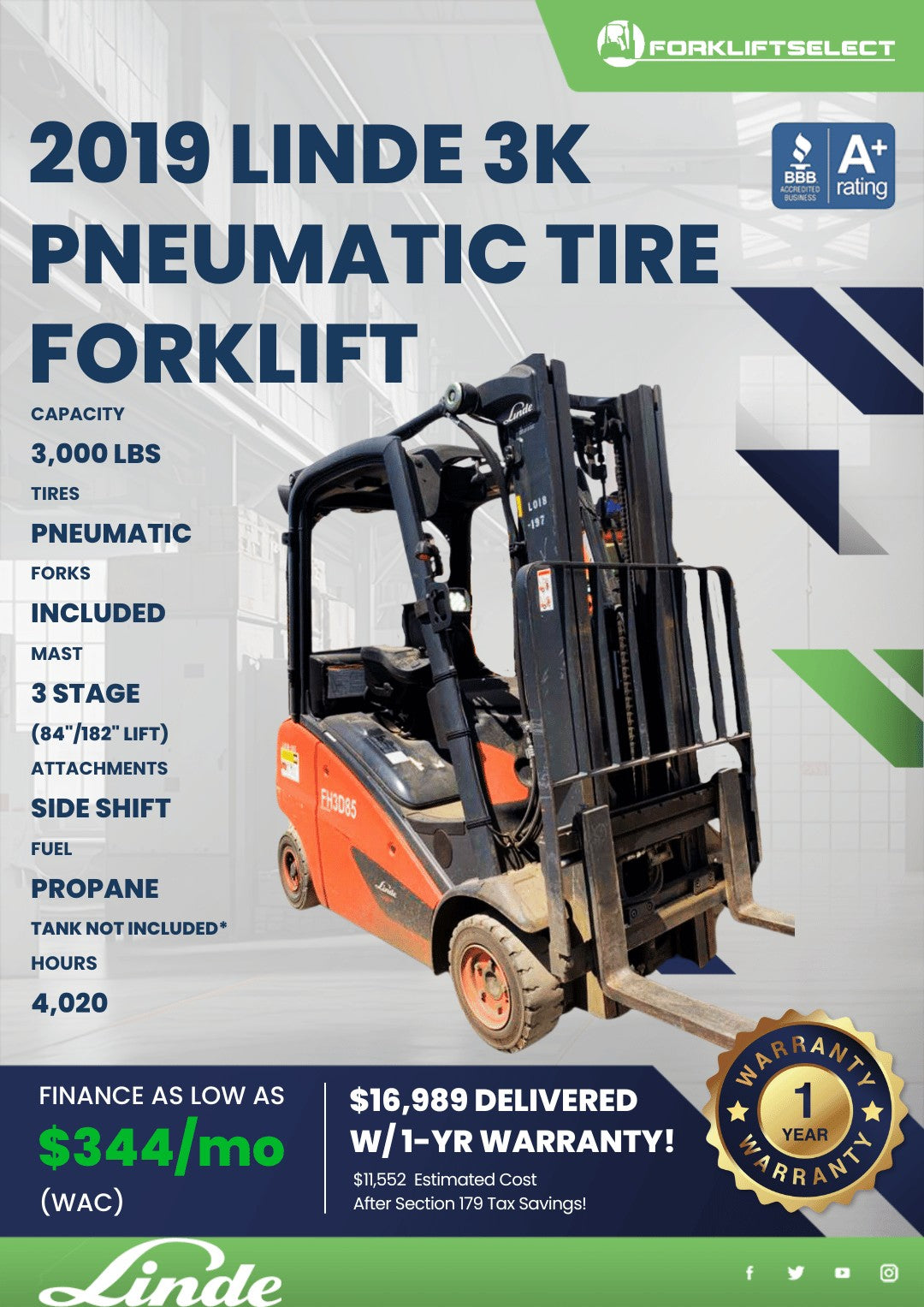 2019 Linde 3K Pneumatic Tire Forkli...